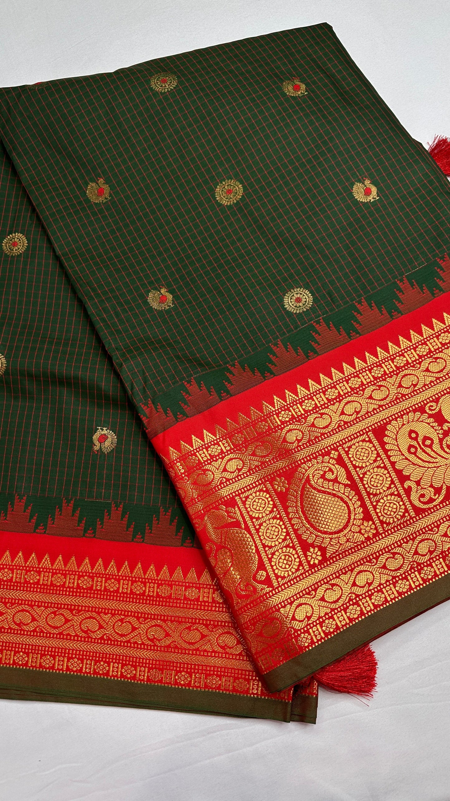 Green Red Check Semi Gadwal Silk  Saree - 