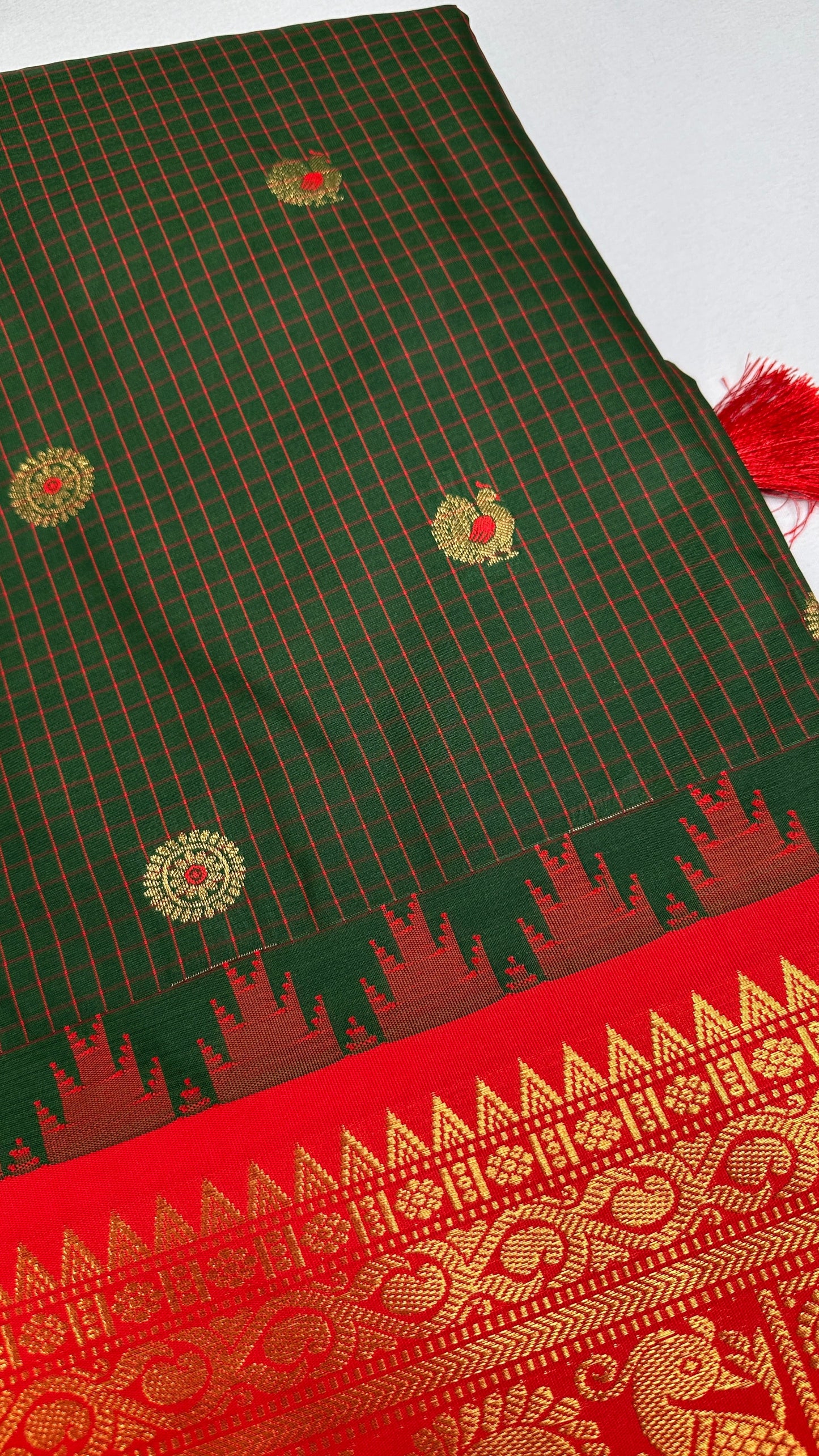 Green Red Check Semi Gadwal Silk  Saree - 