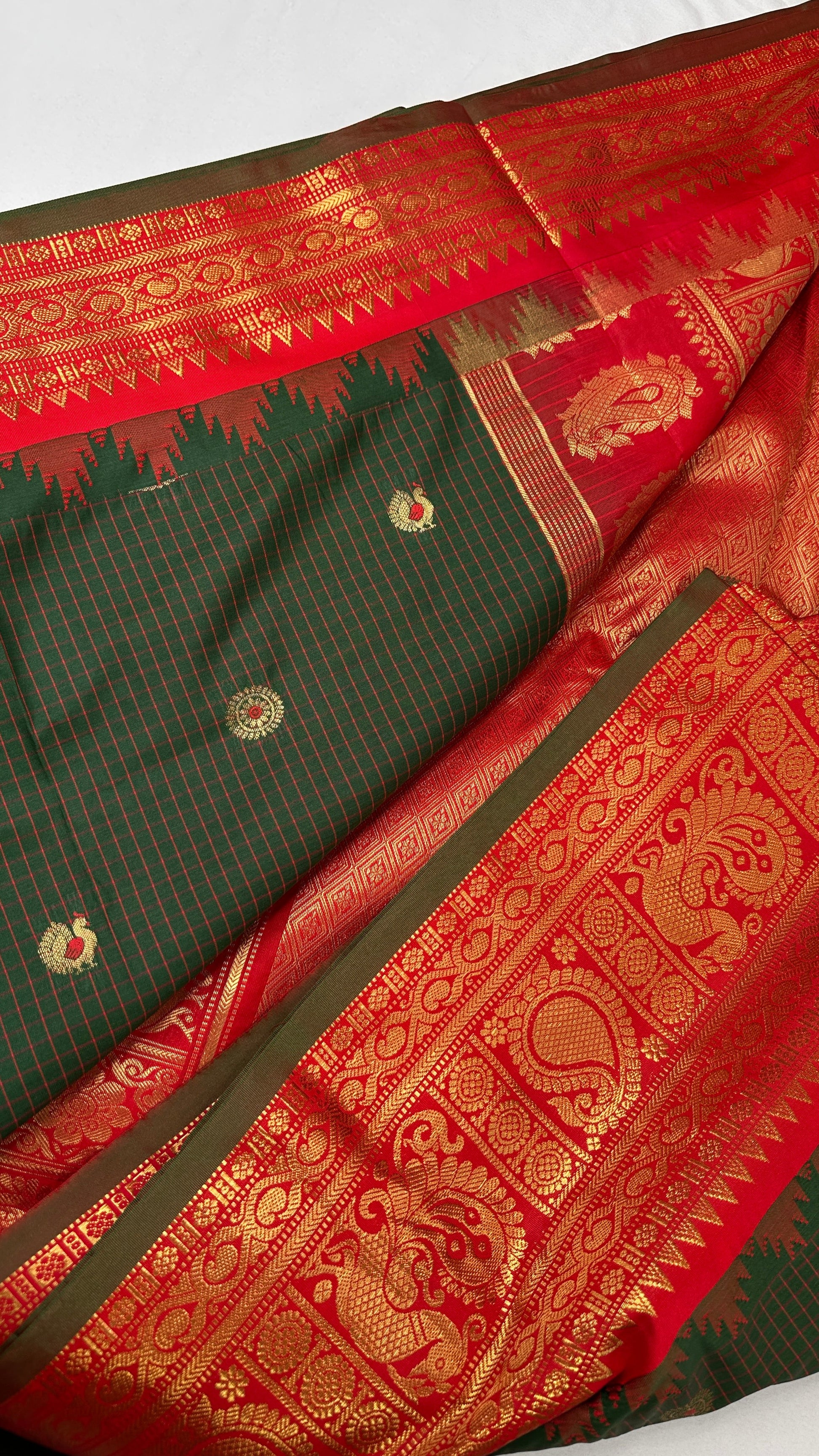 Green Red Check Semi Gadwal Silk  Saree - 
