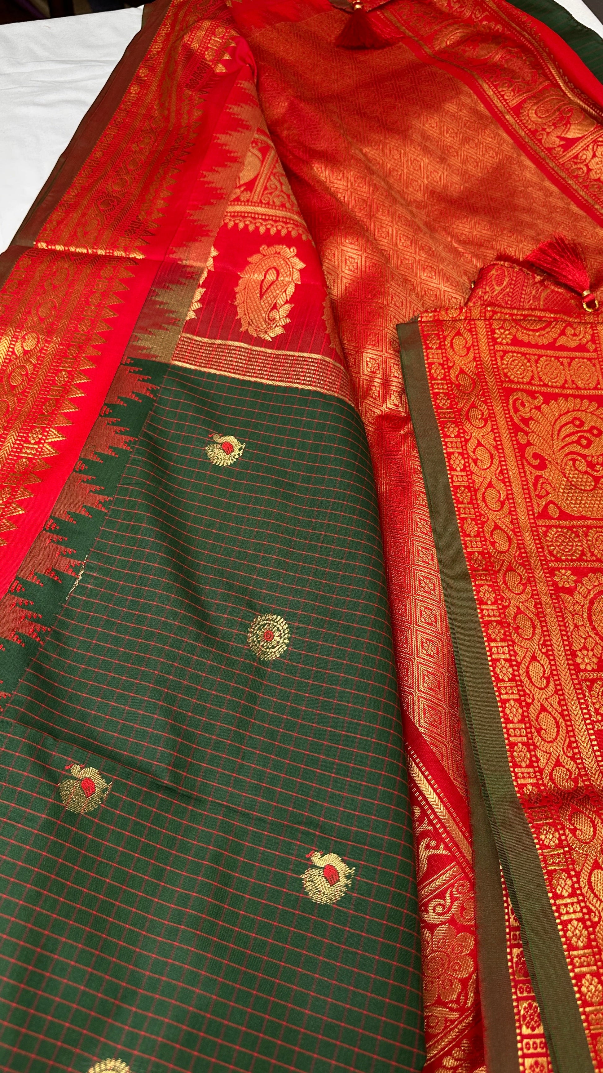 Green Red Check Semi Gadwal Silk  Saree - 
