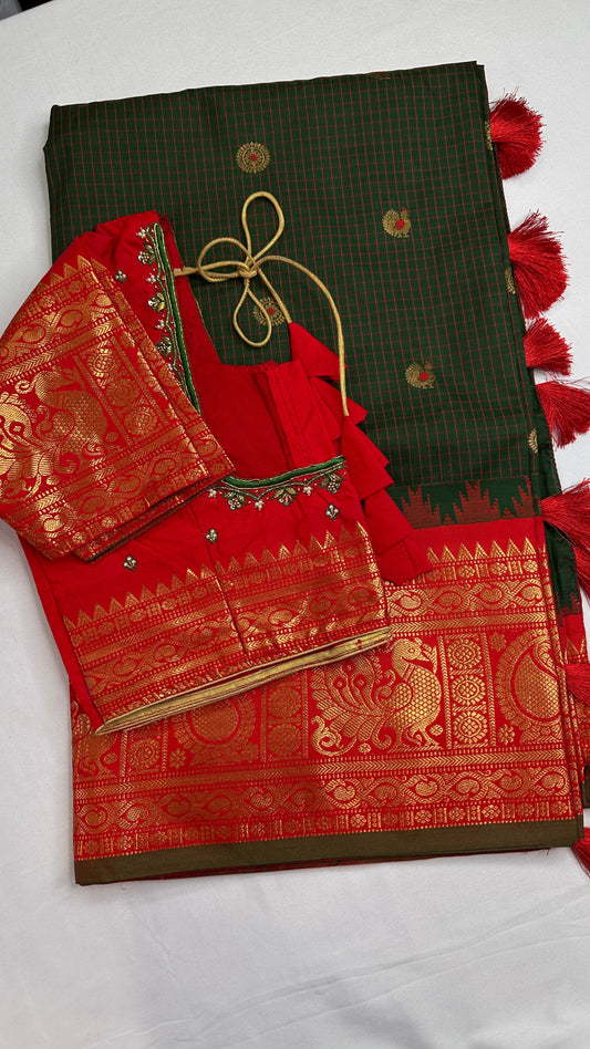 Green Red Check Semi Gadwal Silk  Saree - 