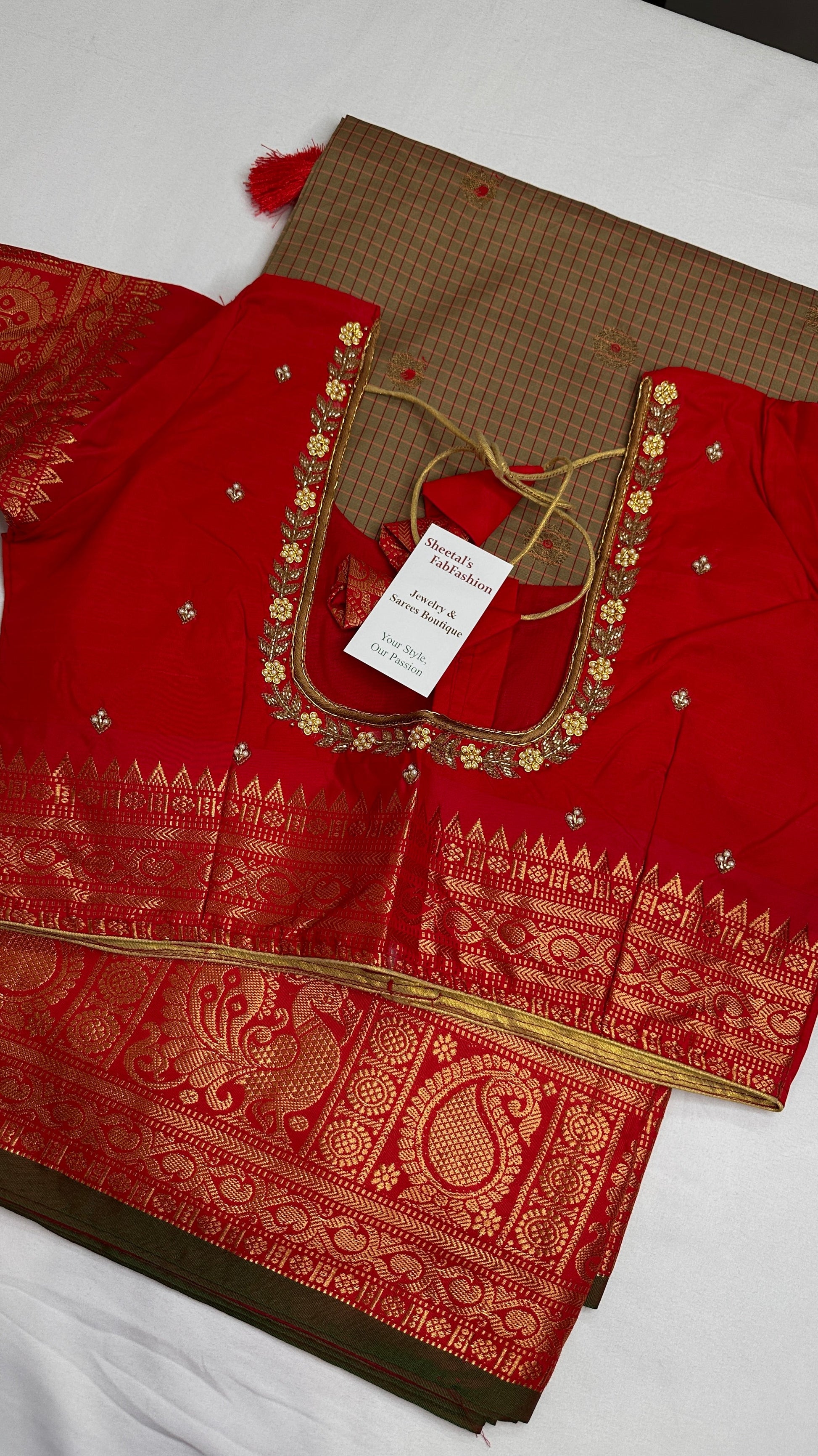 Green Red Check Semi Gadwal Silk  Saree - 