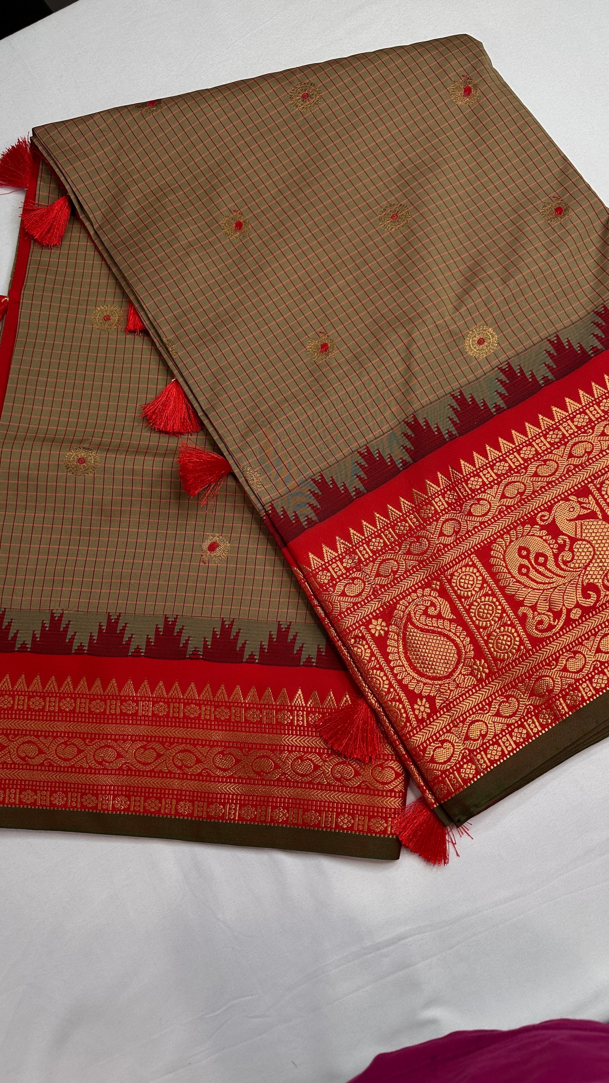 Green Red Check Semi Gadwal Silk  Saree - 