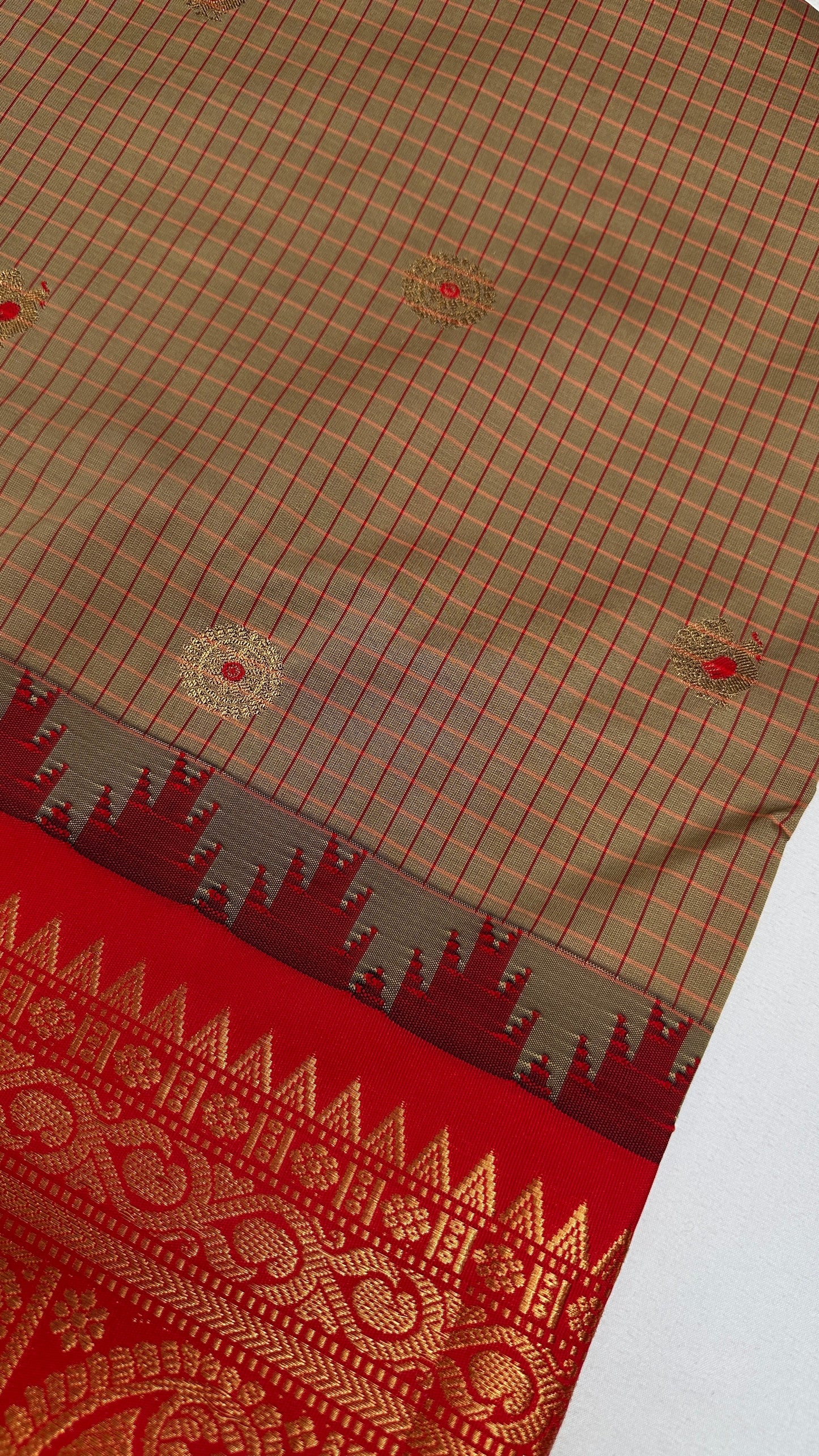 Green Red Check Semi Gadwal Silk  Saree - 