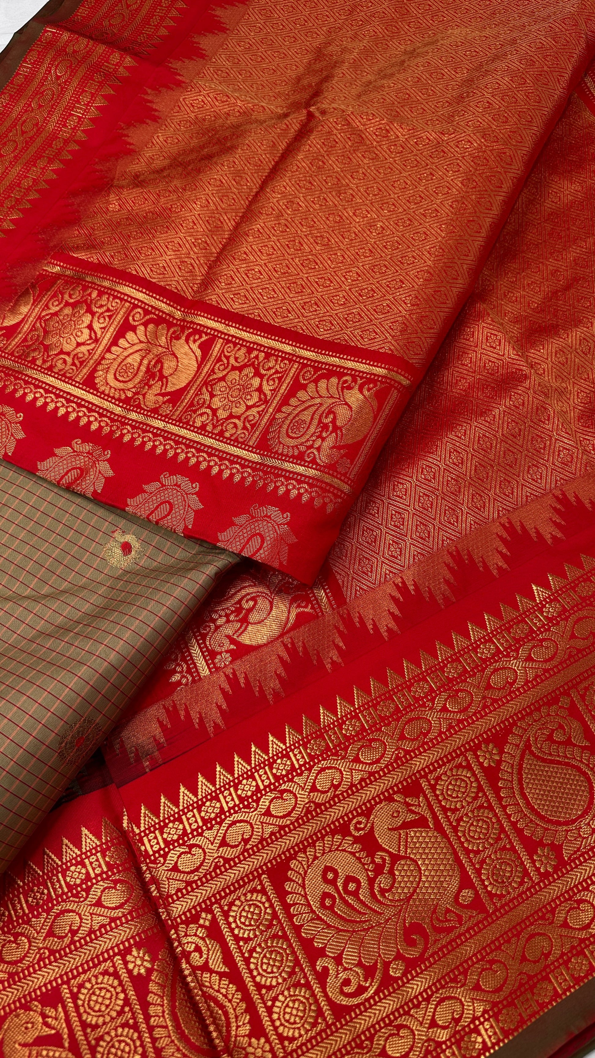 Green Red Check Semi Gadwal Silk  Saree - 