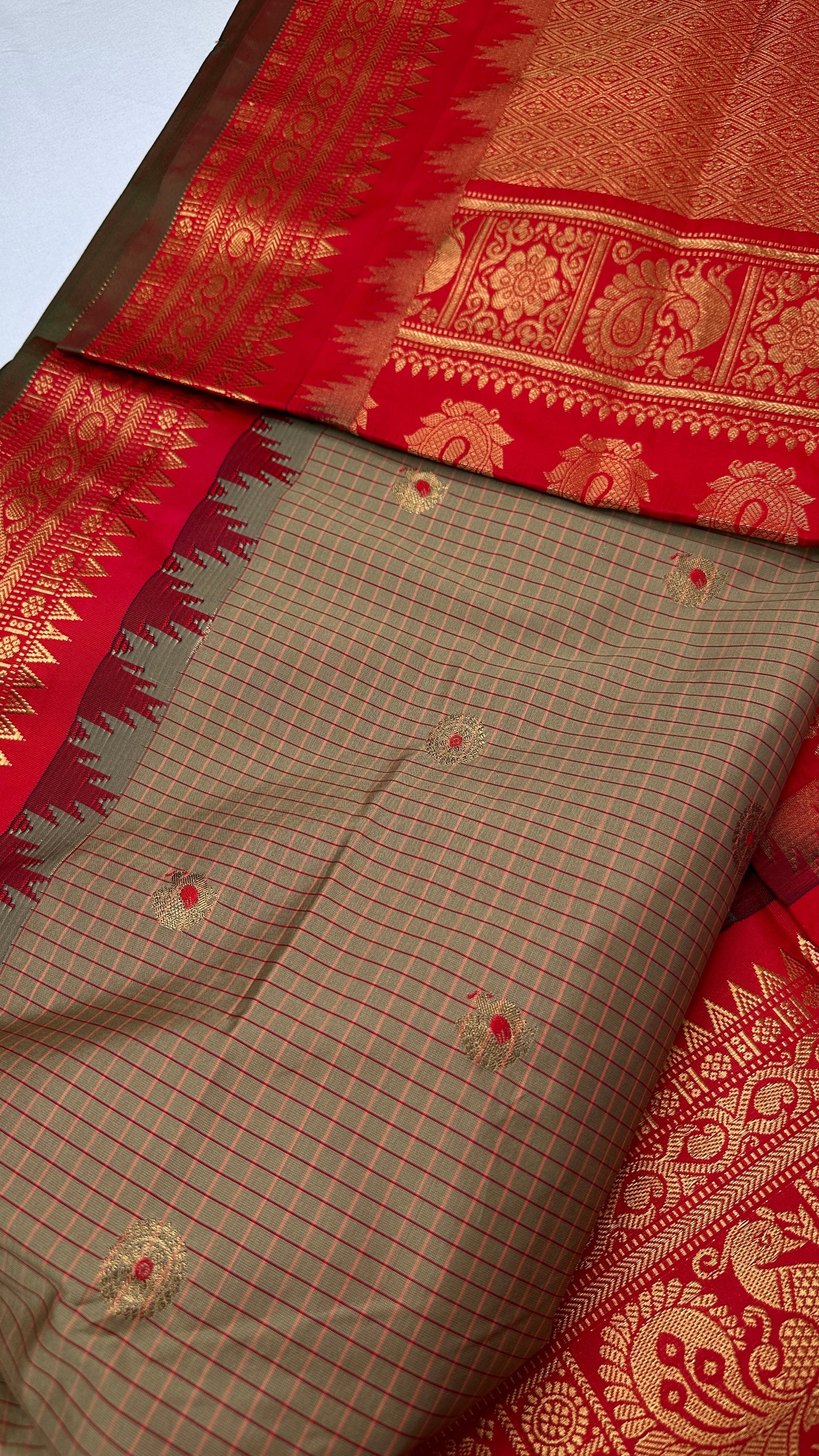 Green Red Check Semi Gadwal Silk  Saree - 