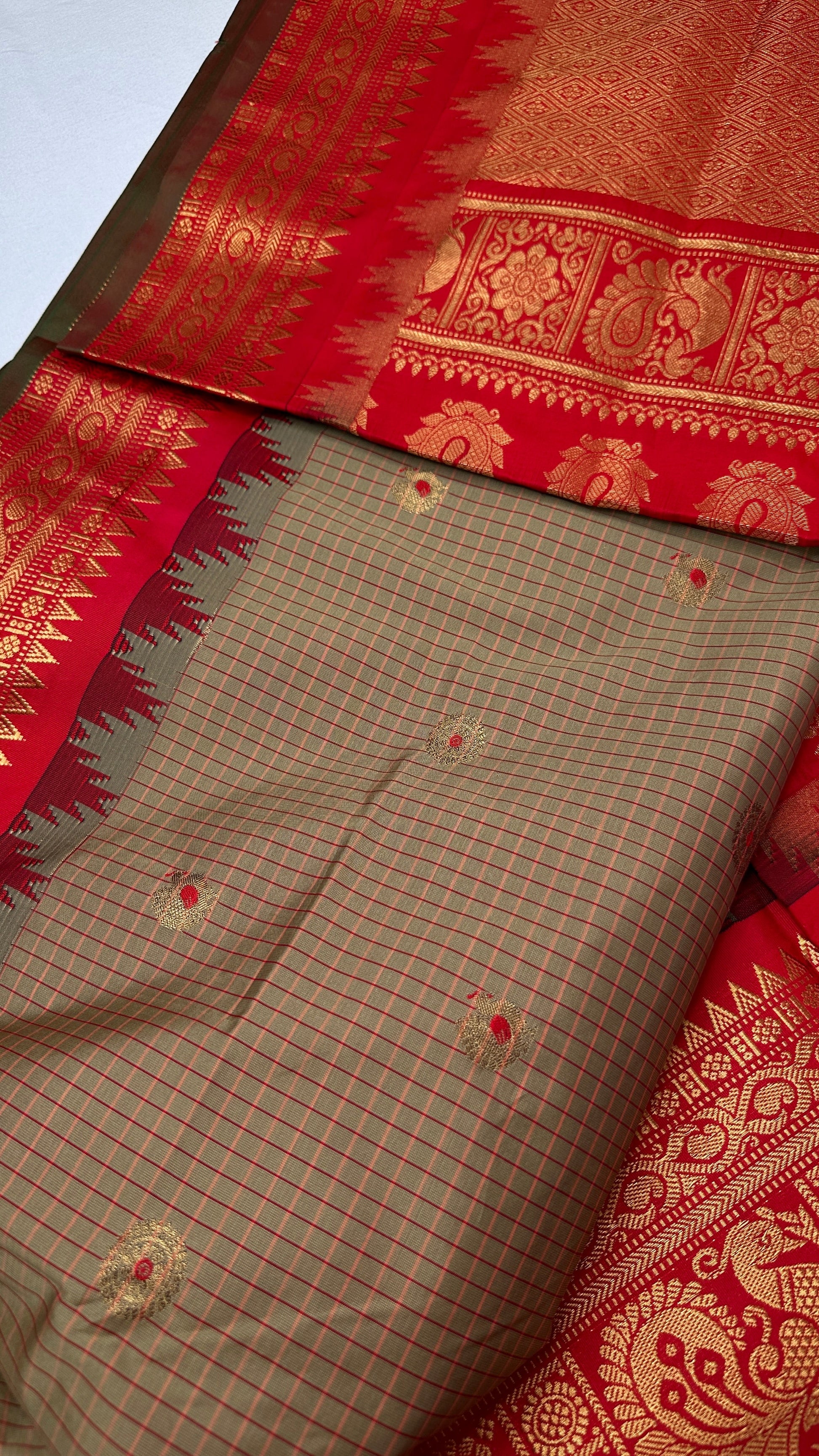Green Red Check Semi Gadwal Silk  Saree - 