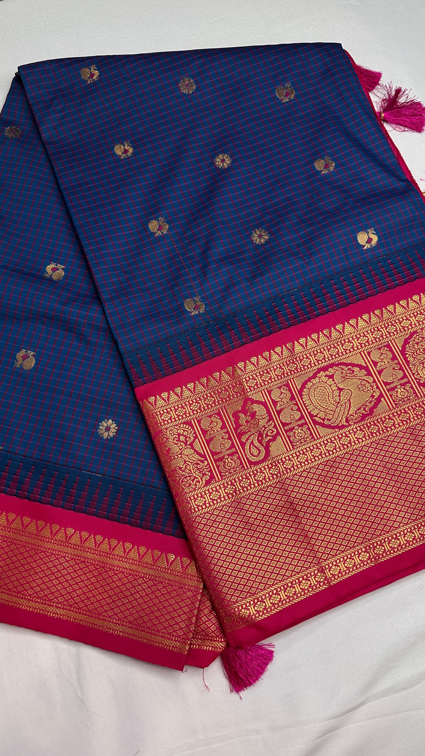 Blue Pink Check Semi Gadwal Silk  Saree - 