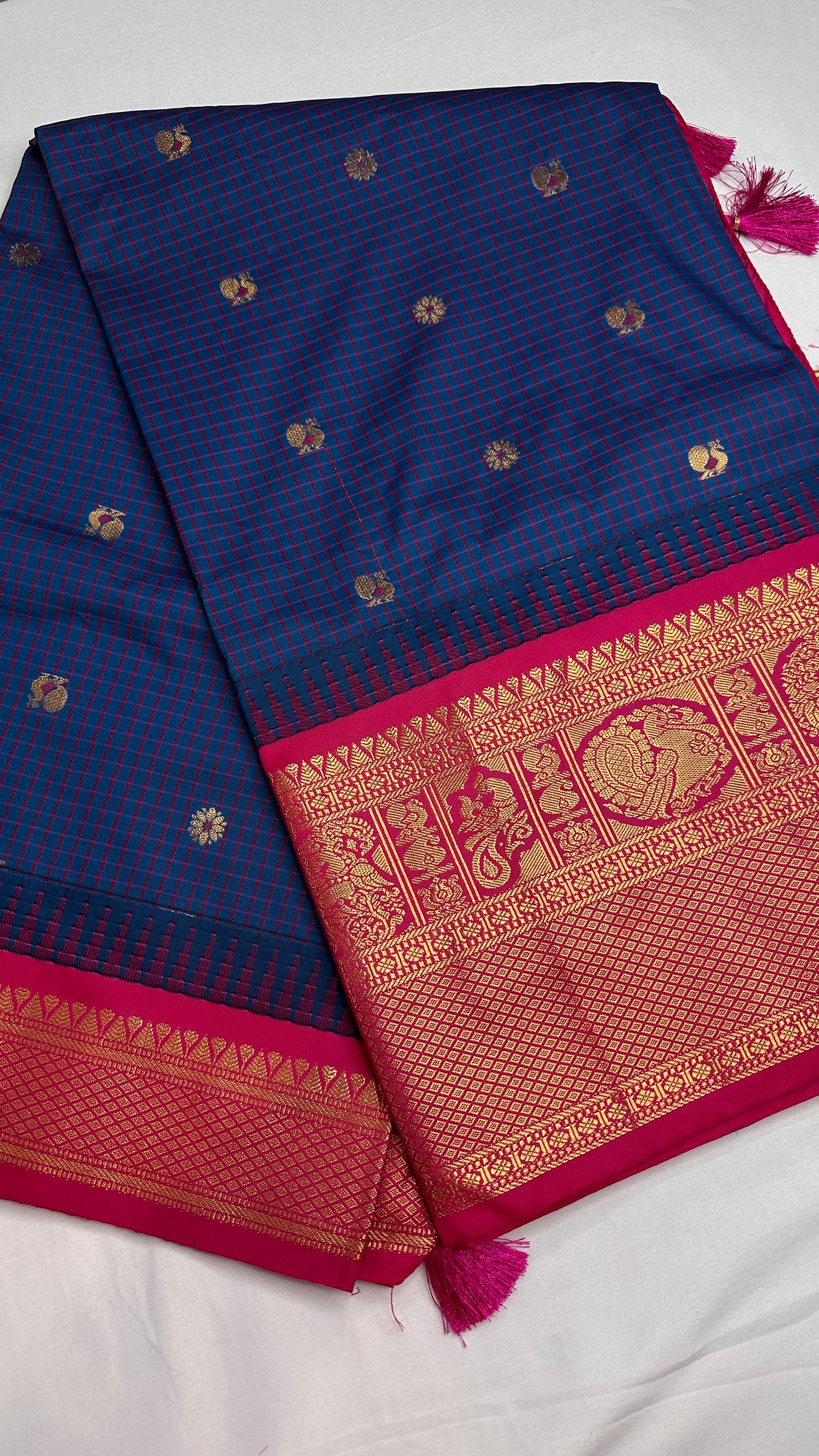 Blue Pink Check Semi Gadwal Silk  Saree - 