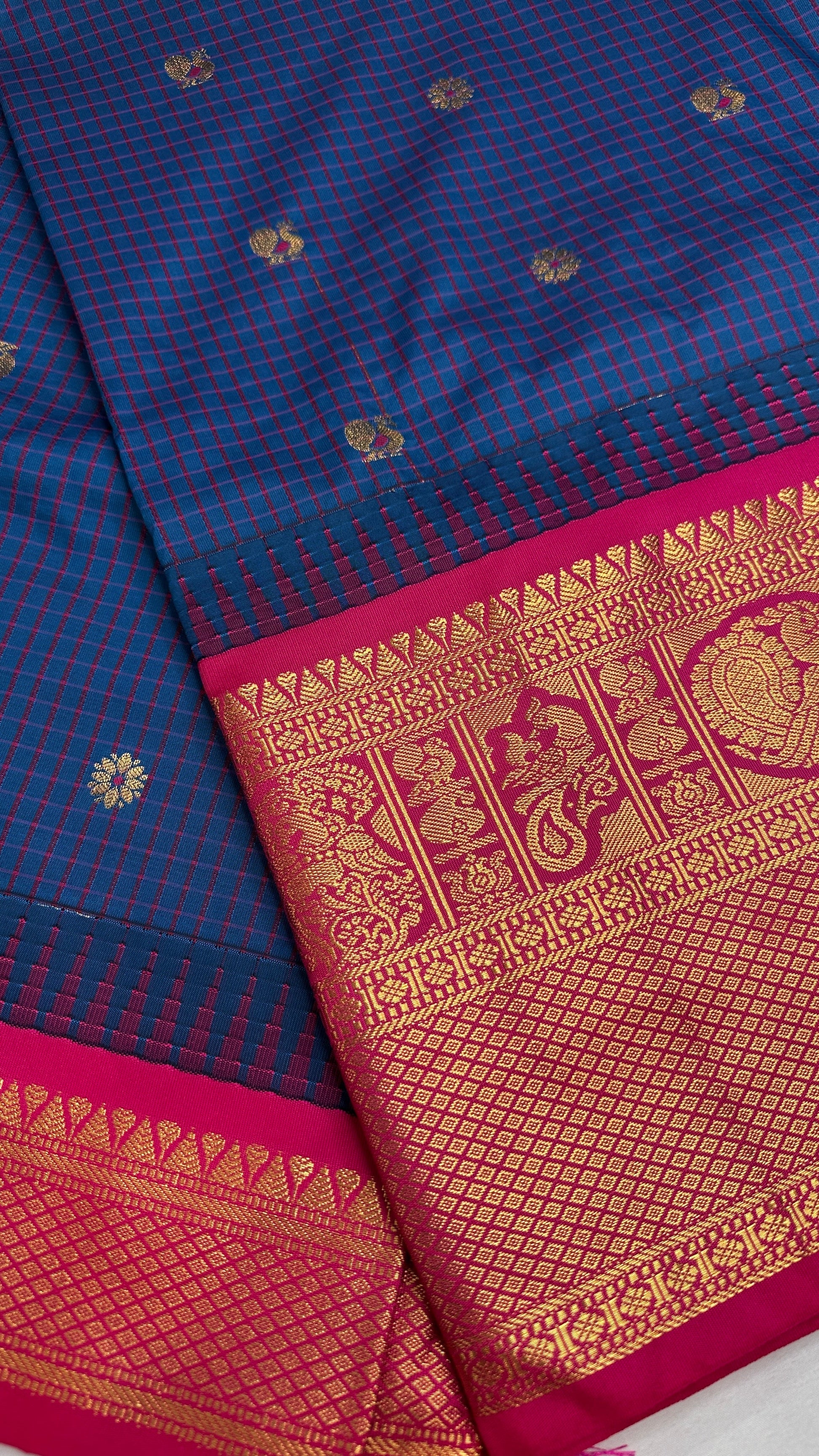 Blue Pink Check Semi Gadwal Silk  Saree - 
