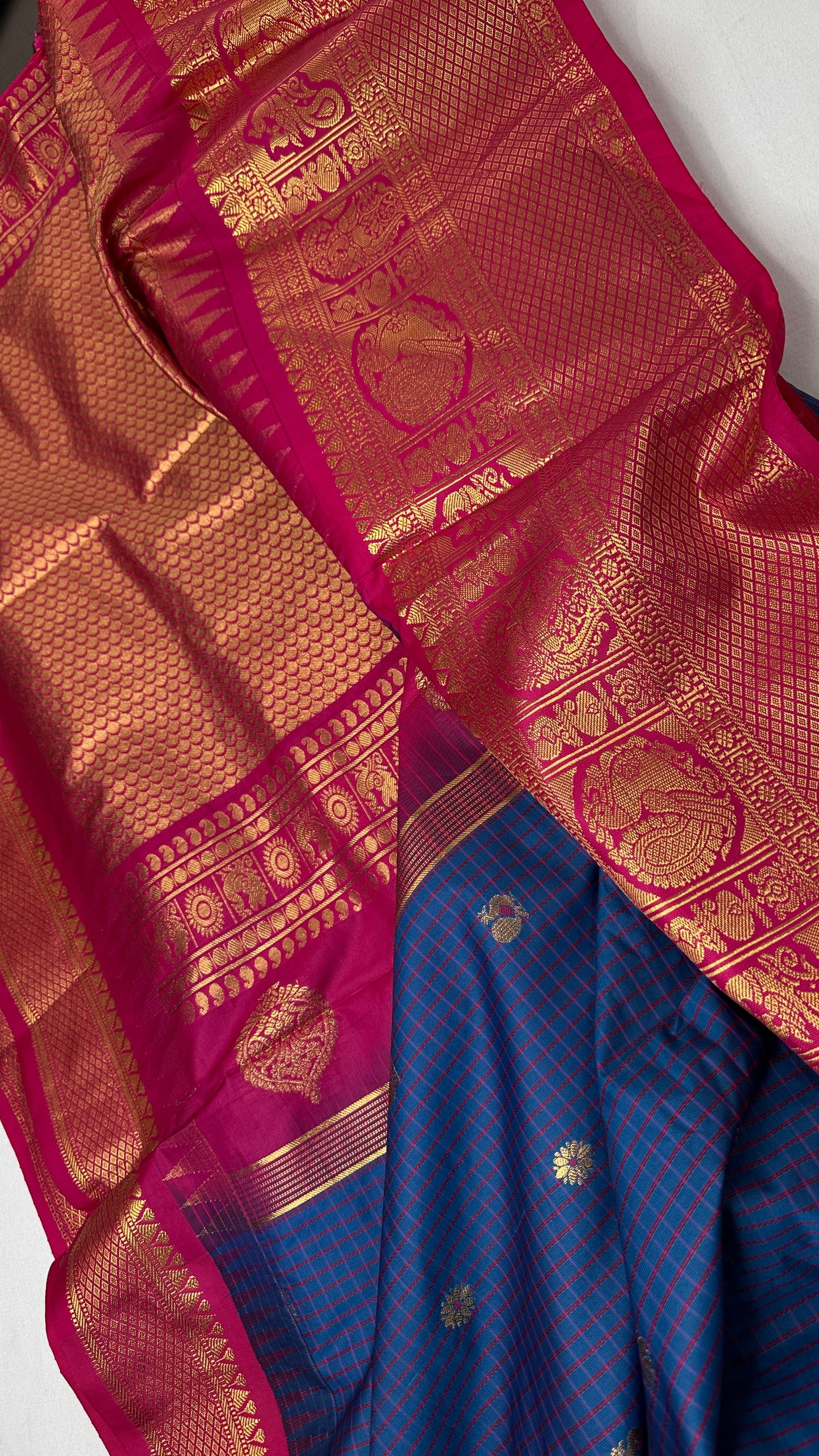 Blue Pink Check Semi Gadwal Silk  Saree - 