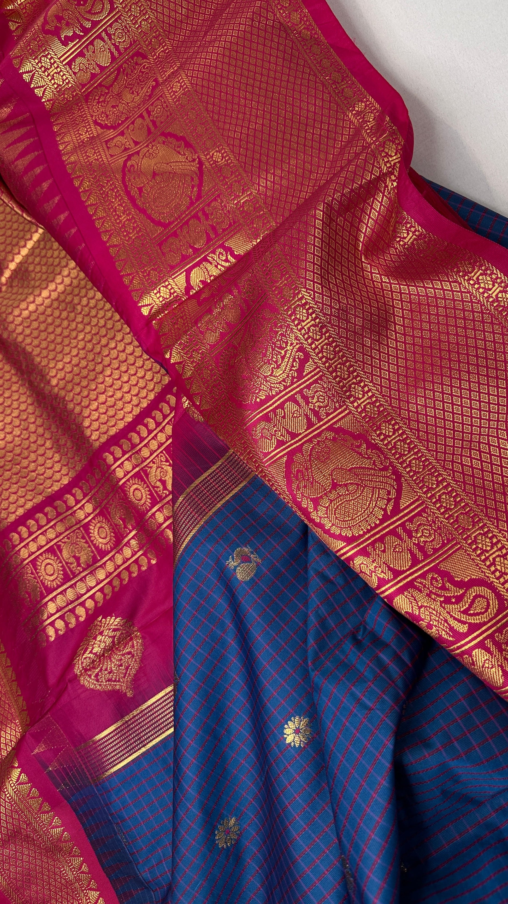 Blue Pink Check Semi Gadwal Silk  Saree - 