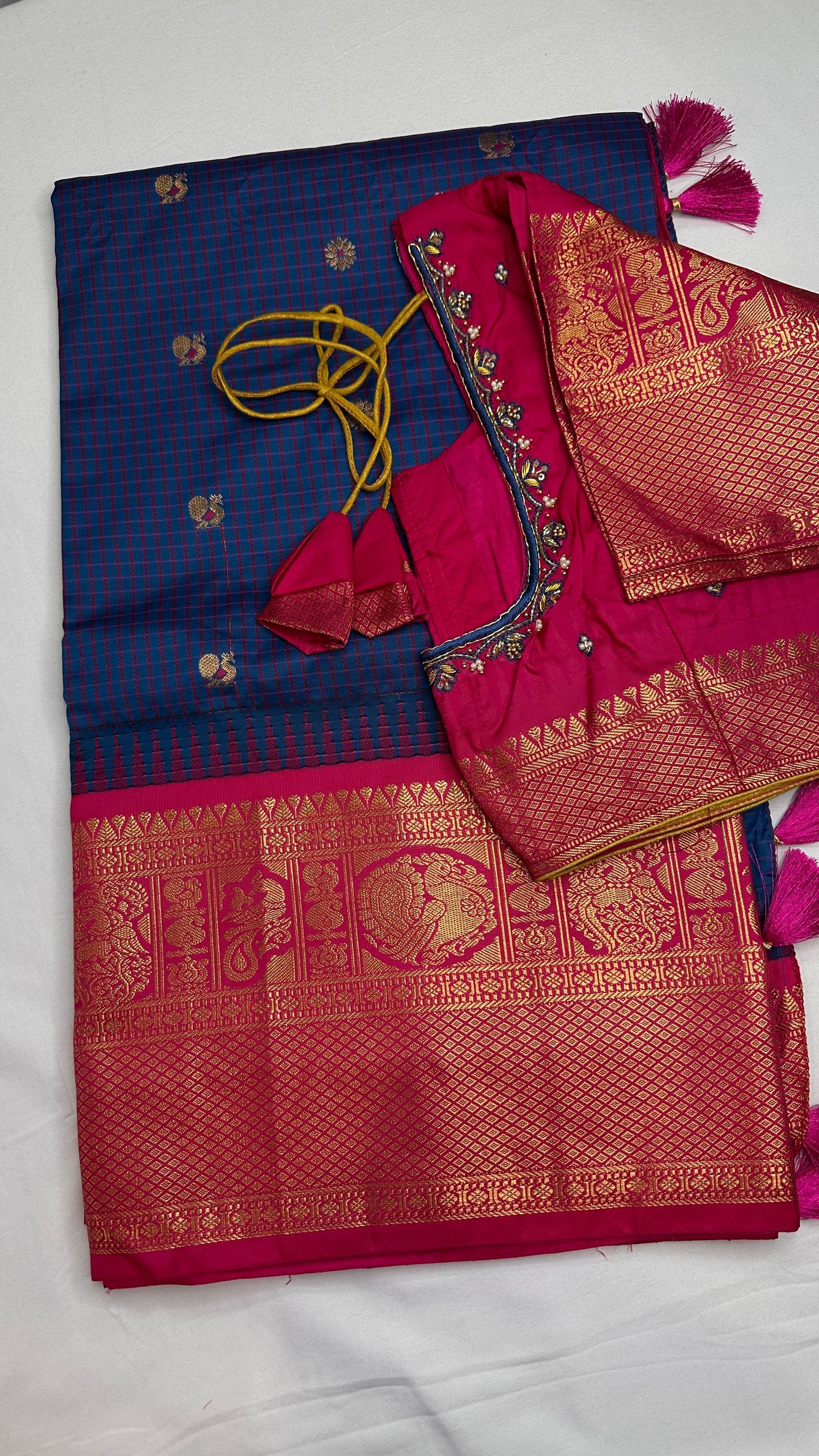 Blue Pink Check Semi Gadwal Silk  Saree - 