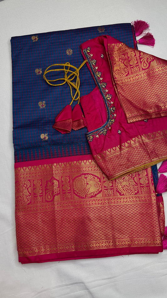 Blue Pink Check Semi Gadwal Silk  Saree - 