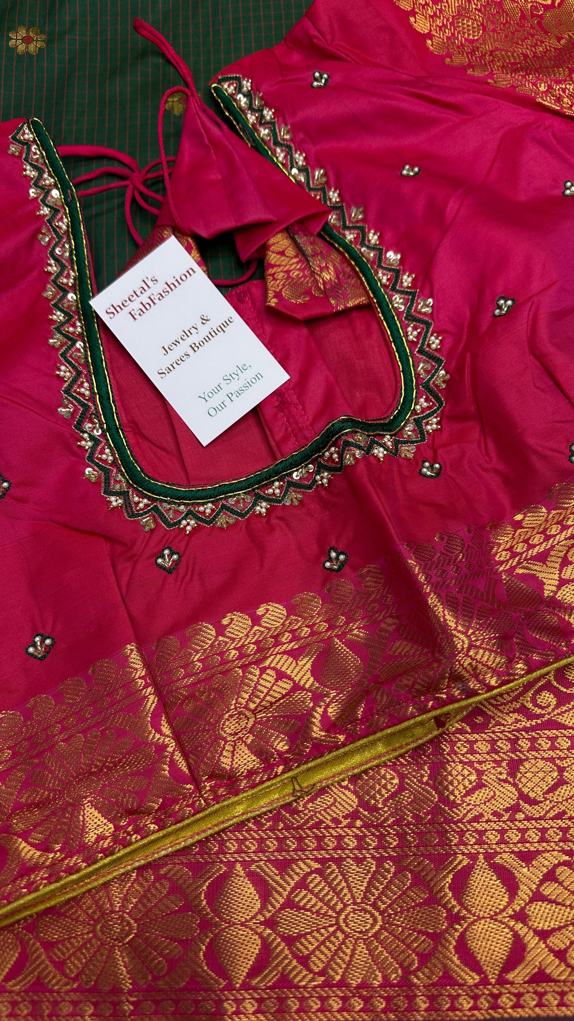 Green Pink Check Semi Gadwal Silk  Saree - 