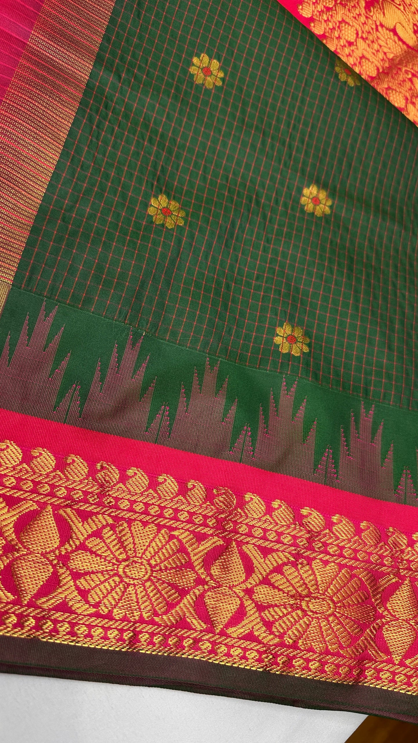 Green Pink Check Semi Gadwal Silk  Saree - 