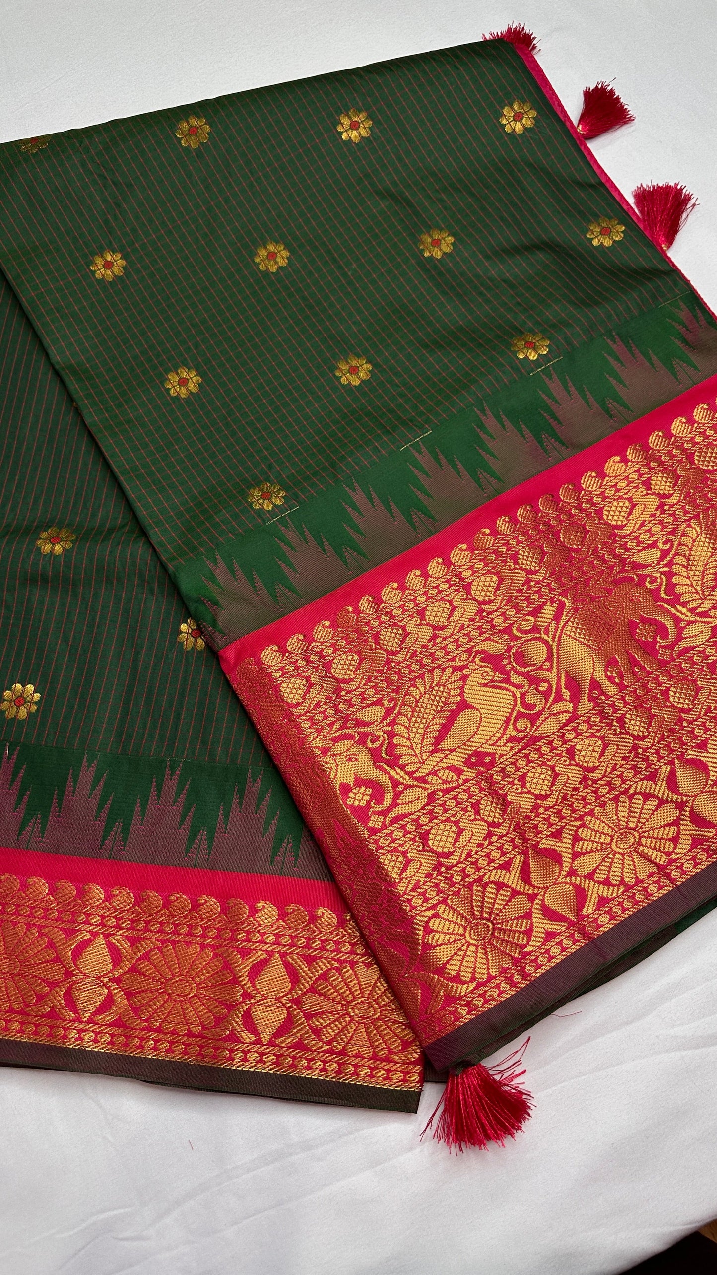 Green Pink Check Semi Gadwal Silk  Saree - 
