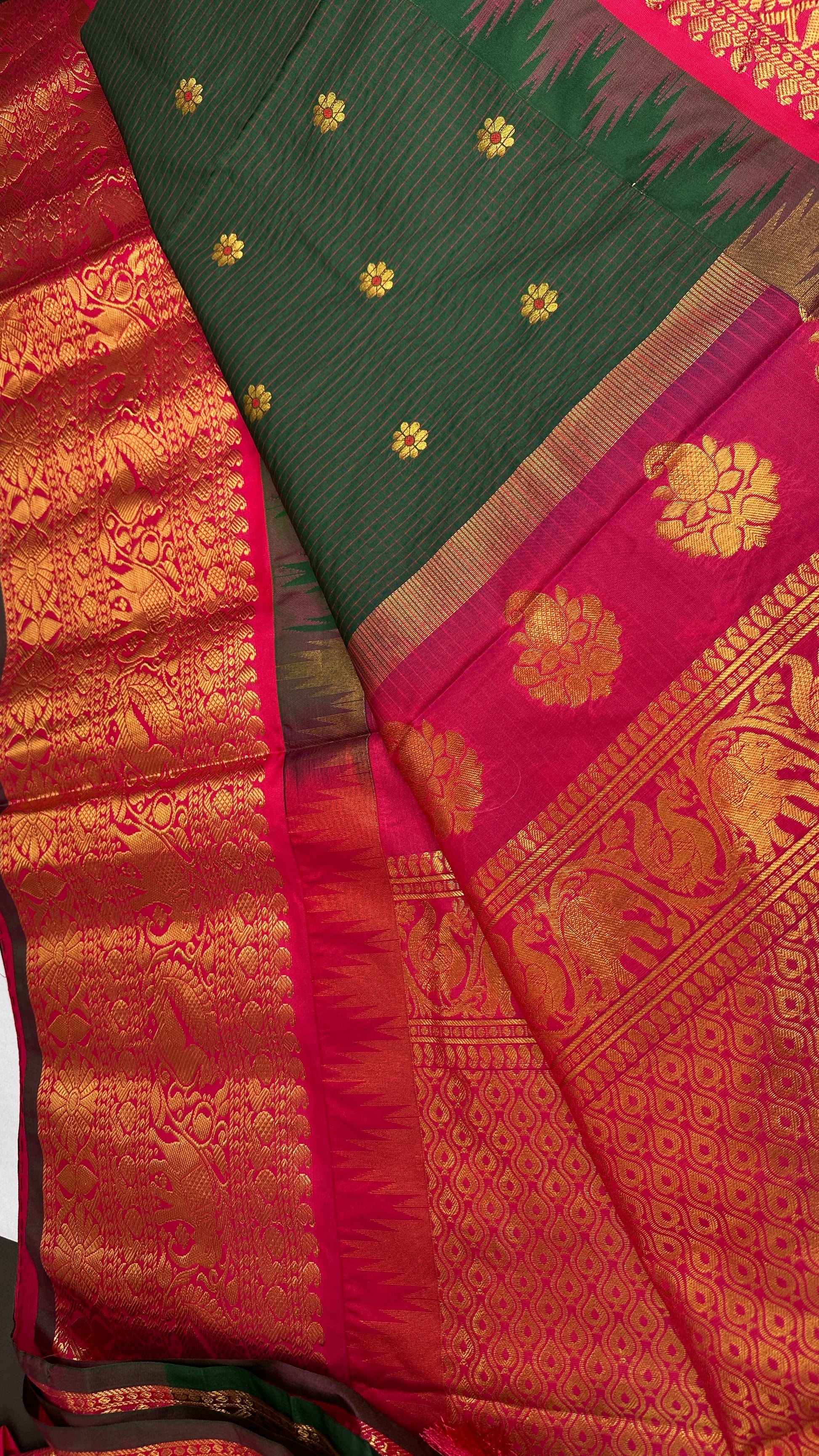 Green Pink Check Semi Gadwal Silk  Saree - 