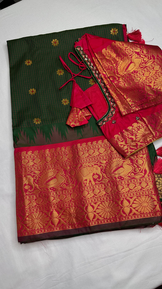 Green Pink Check Semi Gadwal Silk  Saree - 