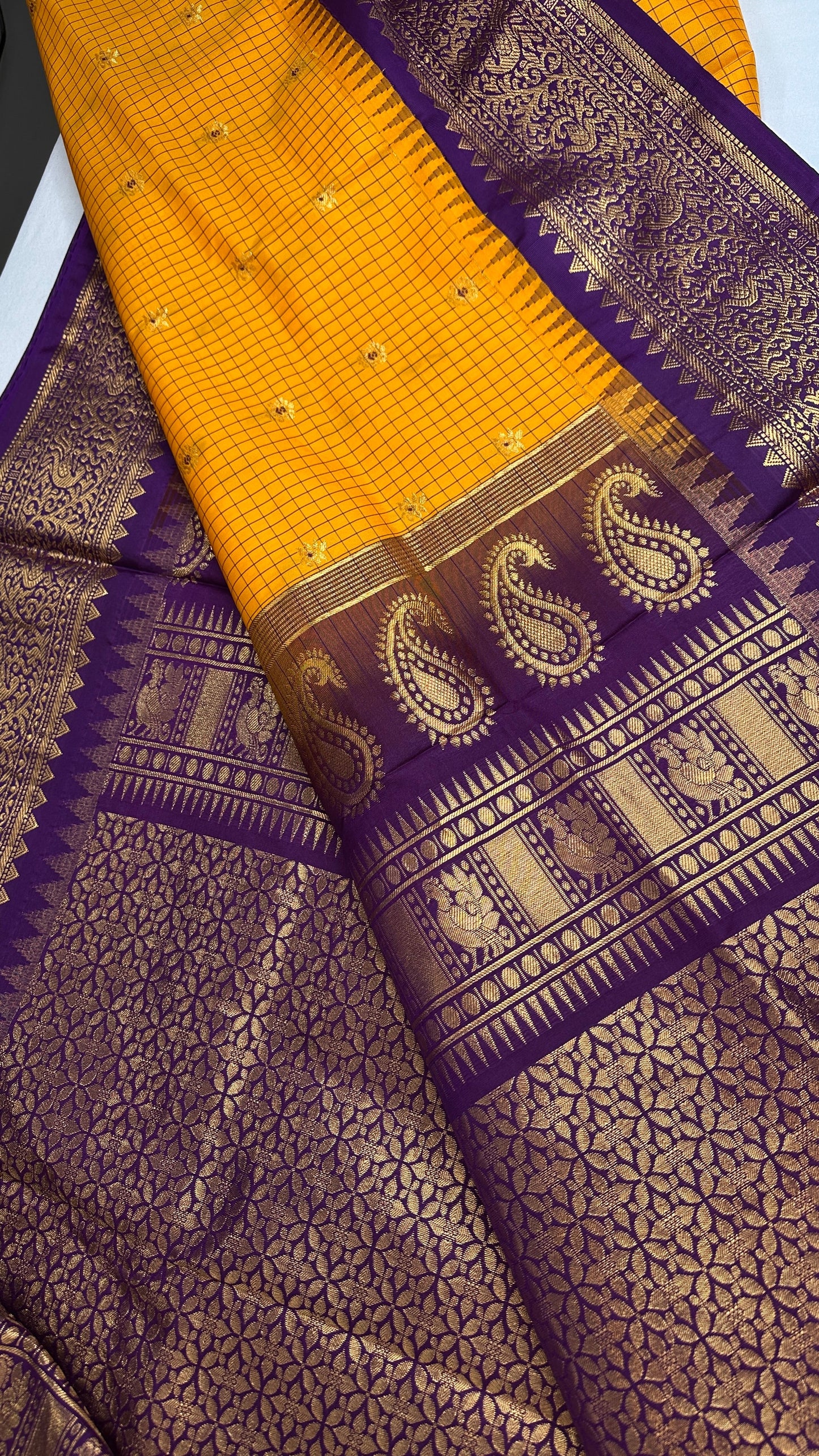 Check Semi Gadwal Silk Yellow Purple Saree - 