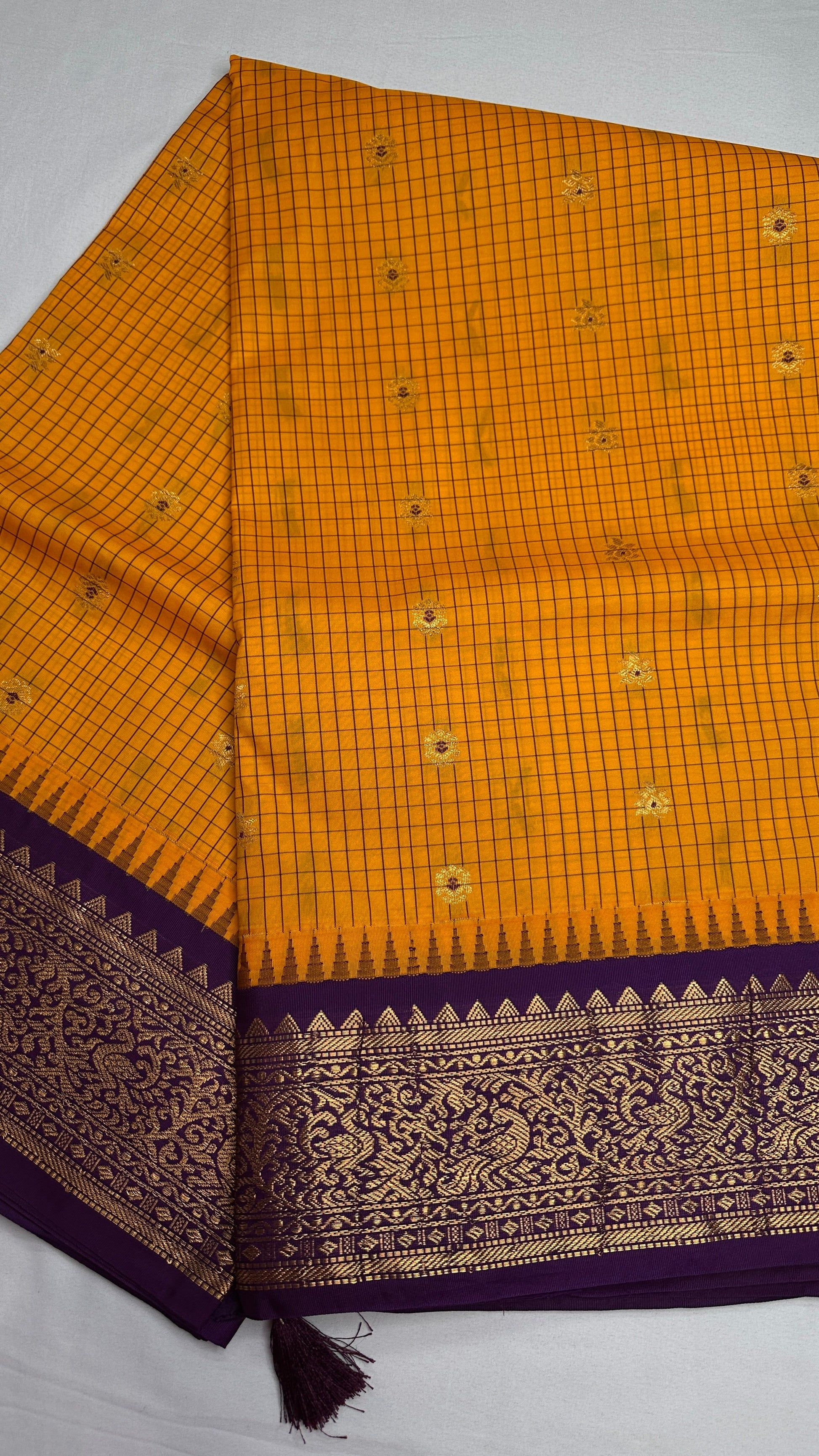 Check Semi Gadwal Silk Yellow Purple Saree - 