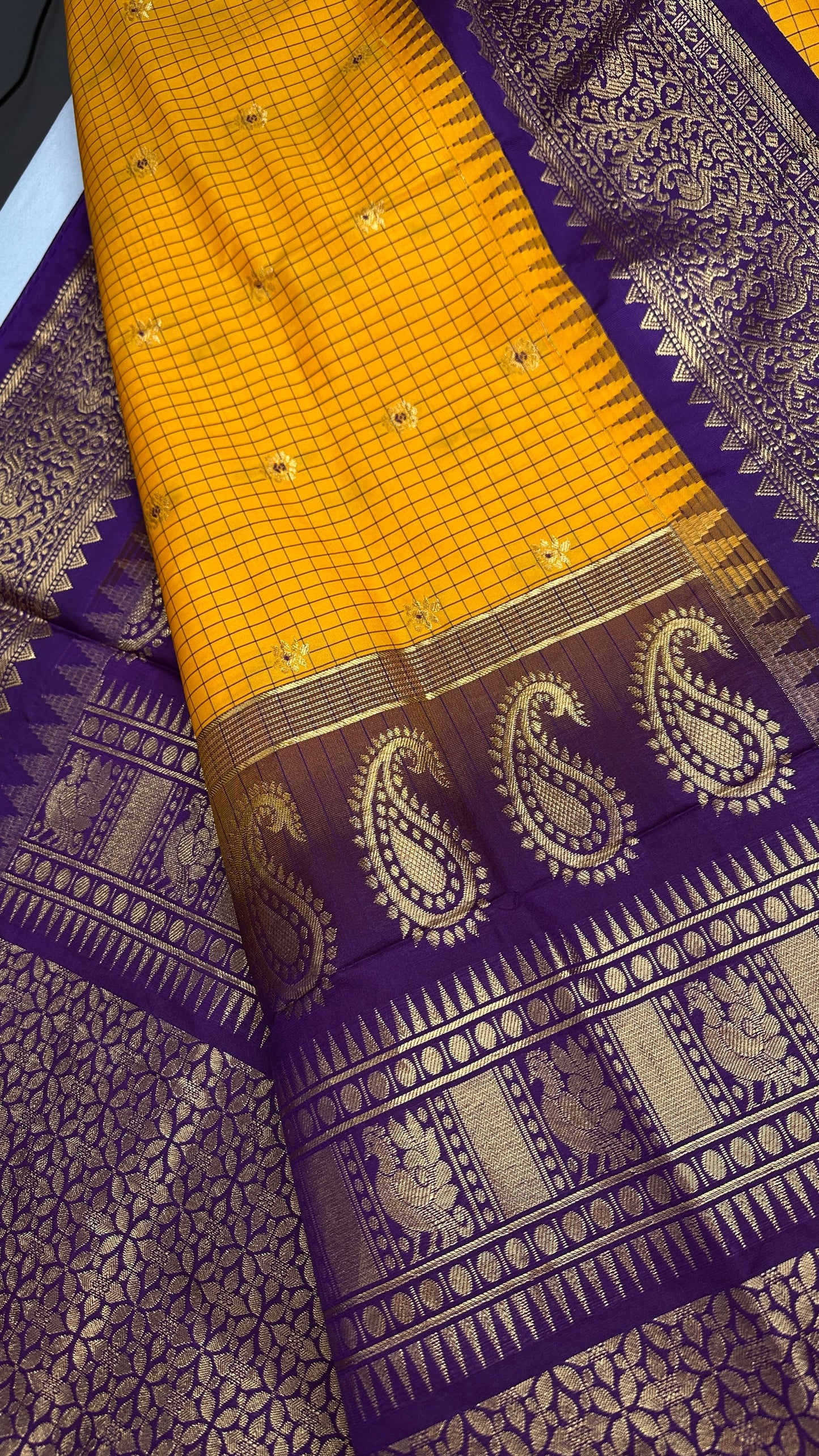 Check Semi Gadwal Silk Yellow Purple Saree - 