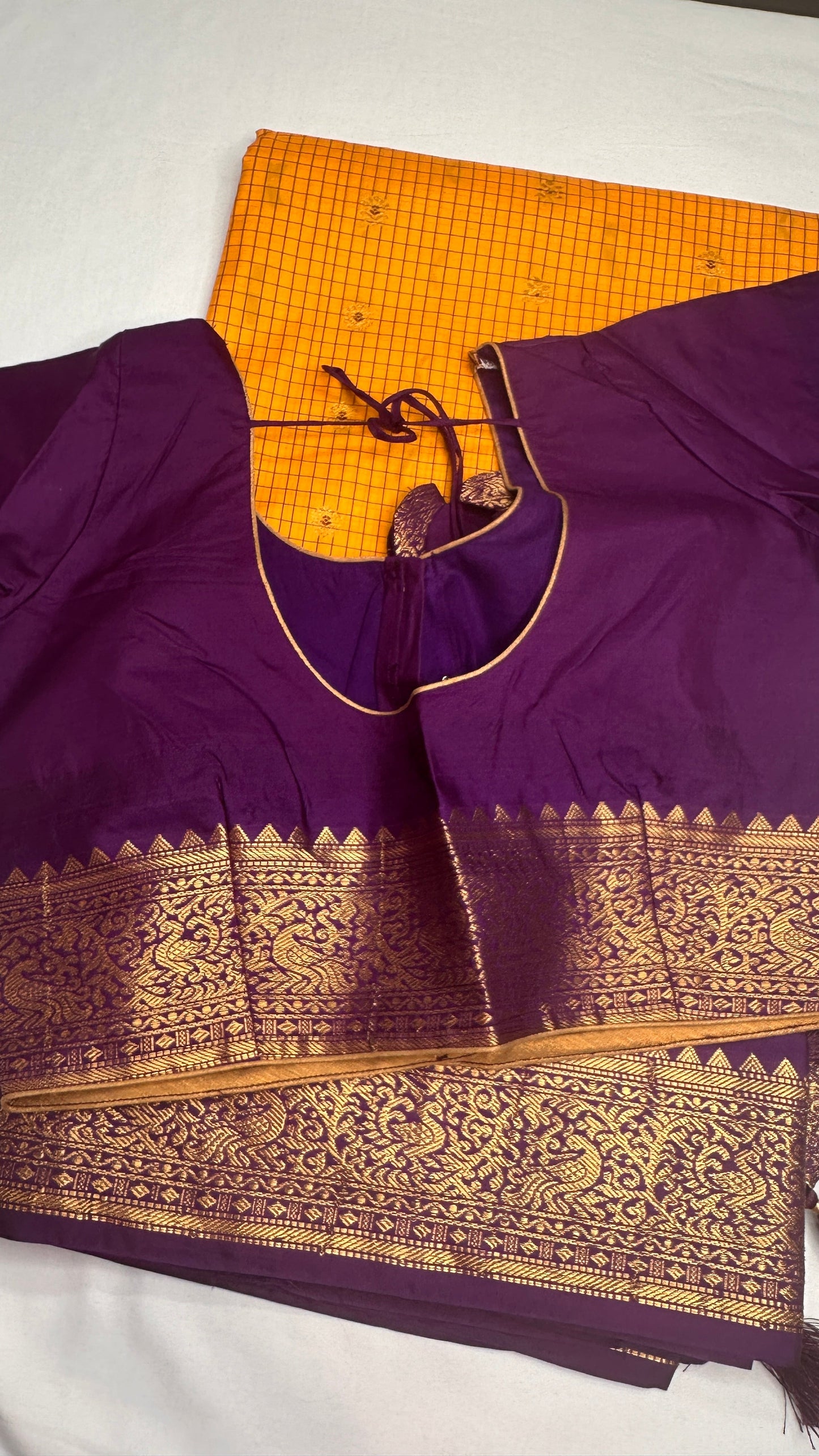 Check Semi Gadwal Silk Yellow Purple Saree - 