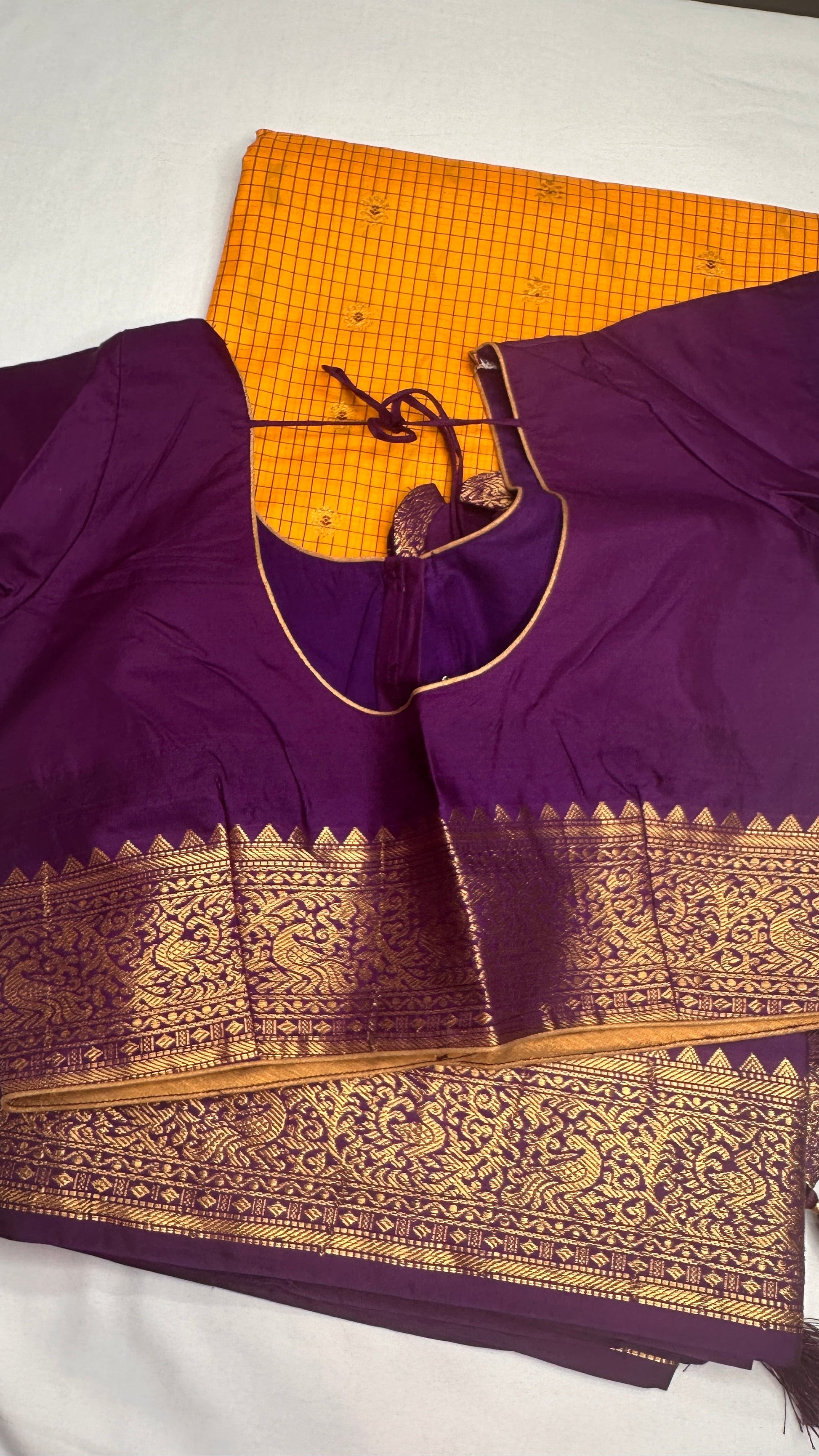 Check Semi Gadwal Silk Yellow Purple Saree - 