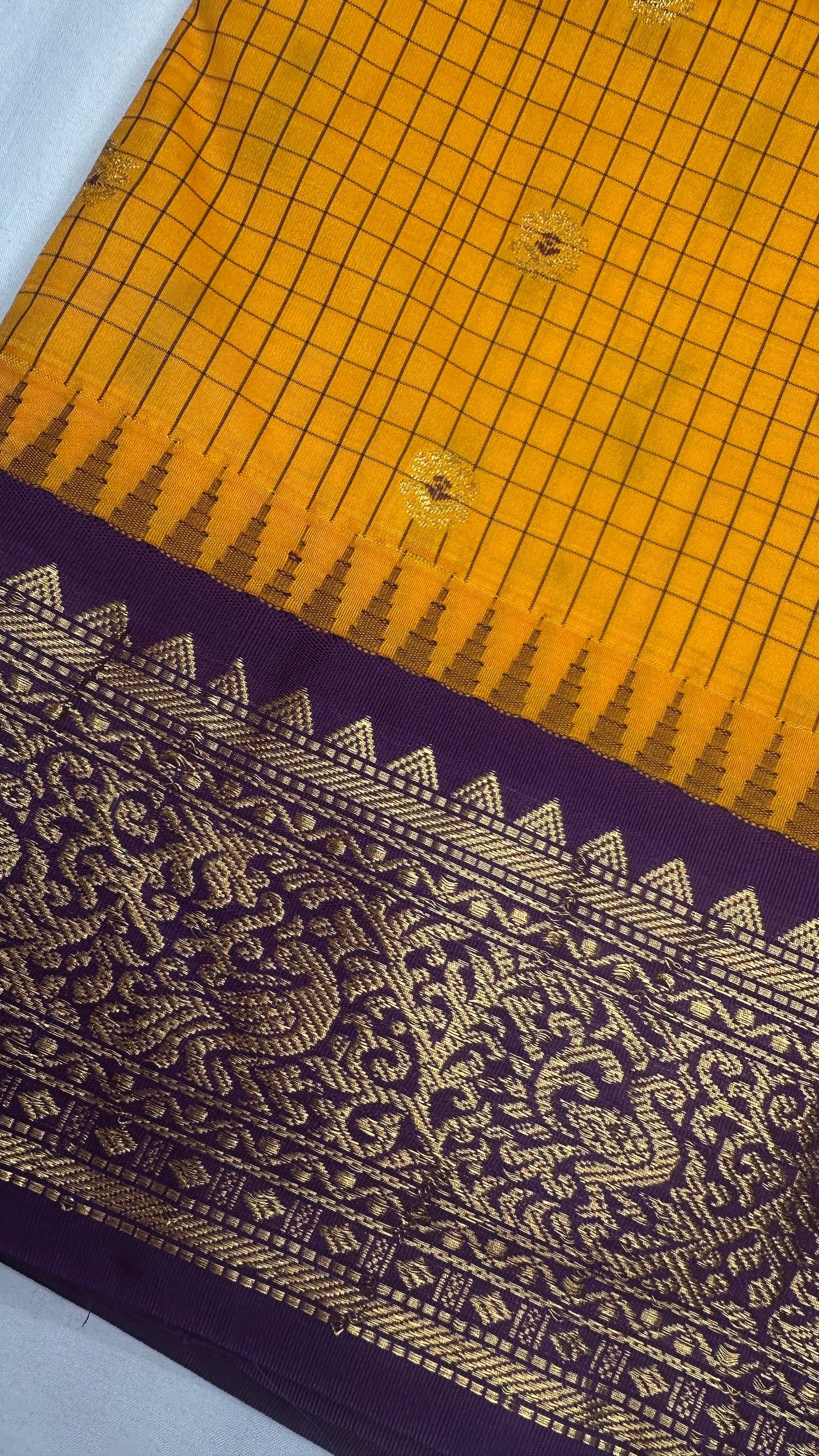 Check Semi Gadwal Silk Yellow Purple Saree - 