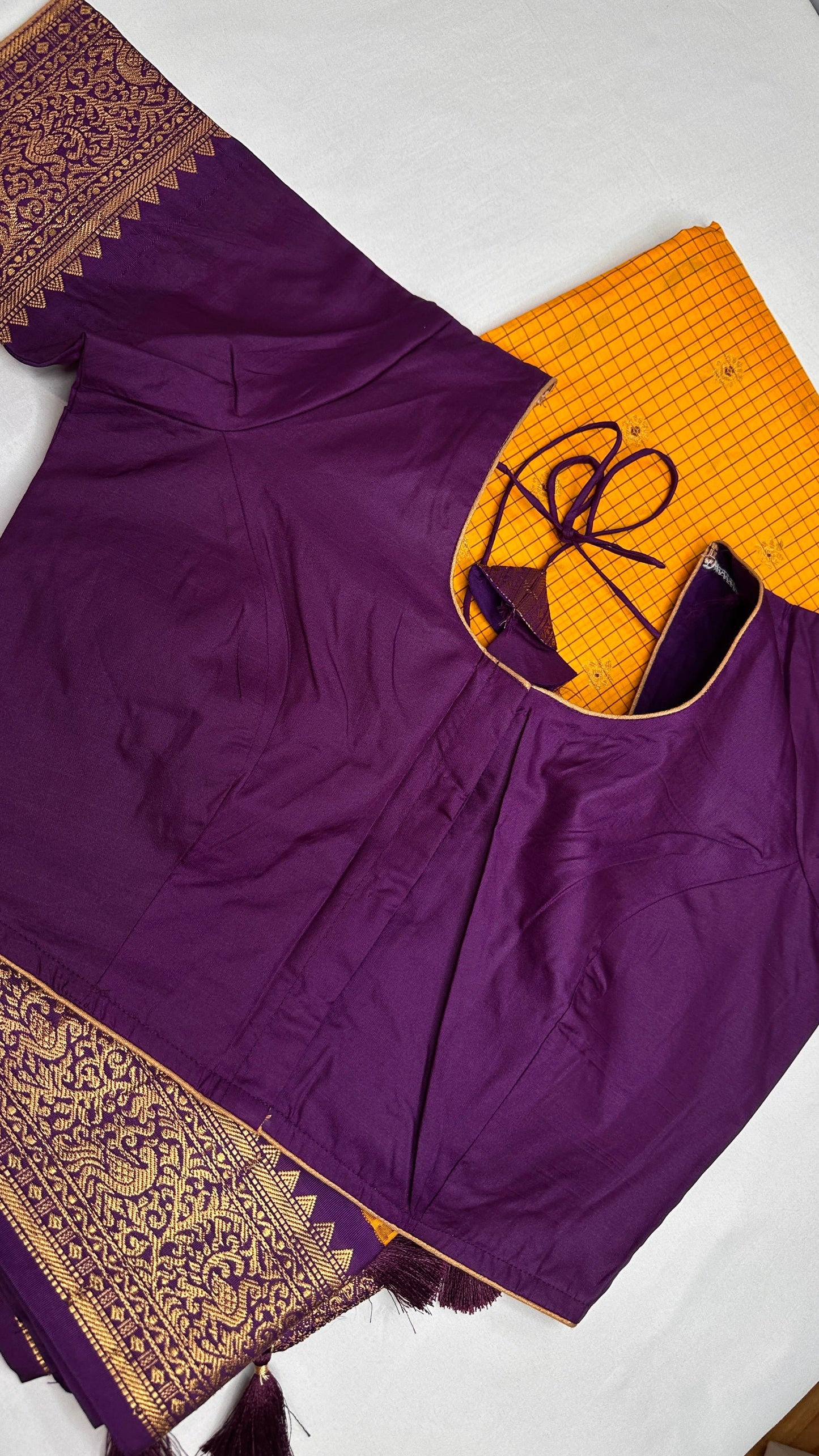 Check Semi Gadwal Silk Yellow Purple Saree - 