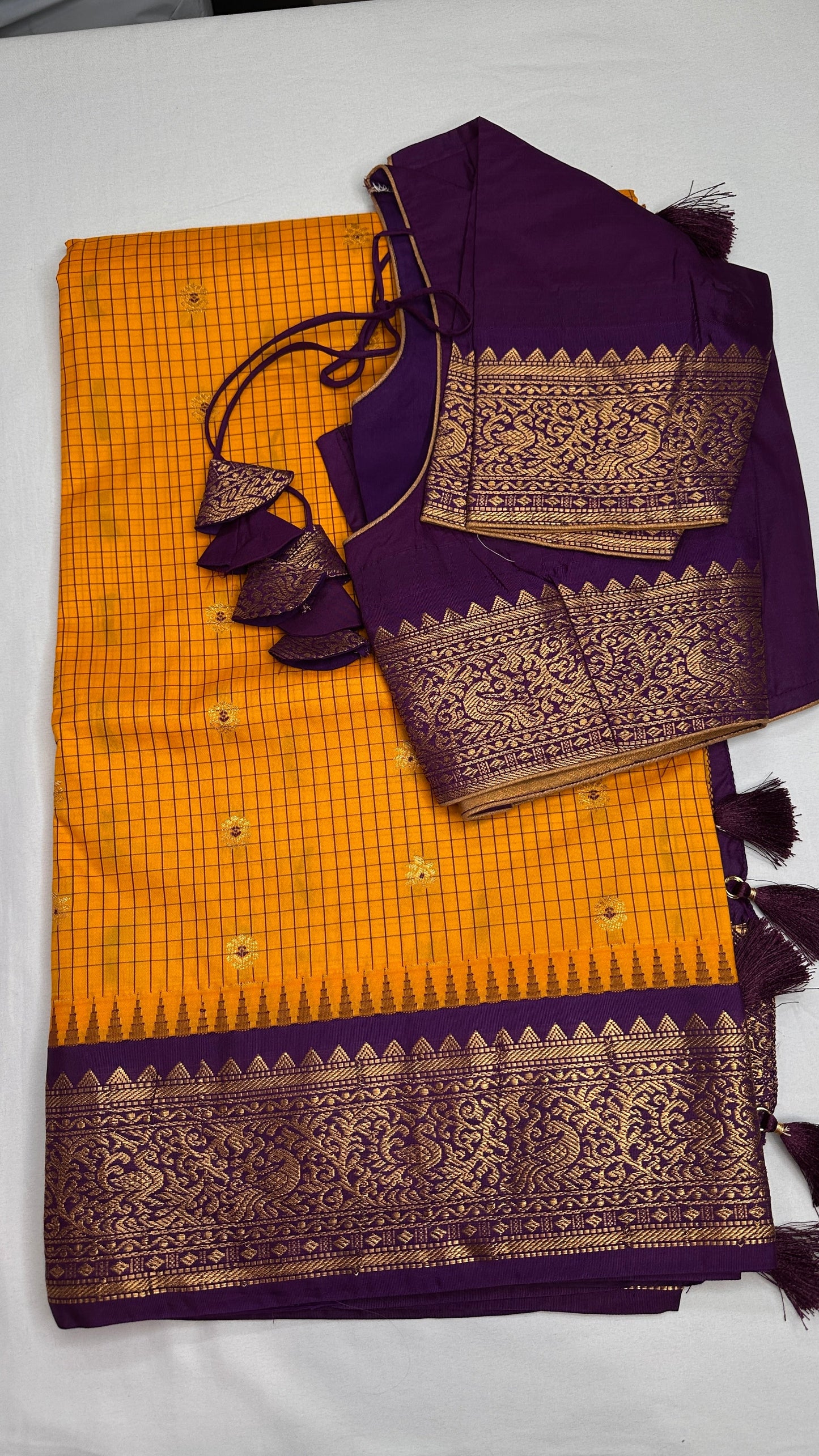 Check Semi Gadwal Silk Yellow Purple Saree - 