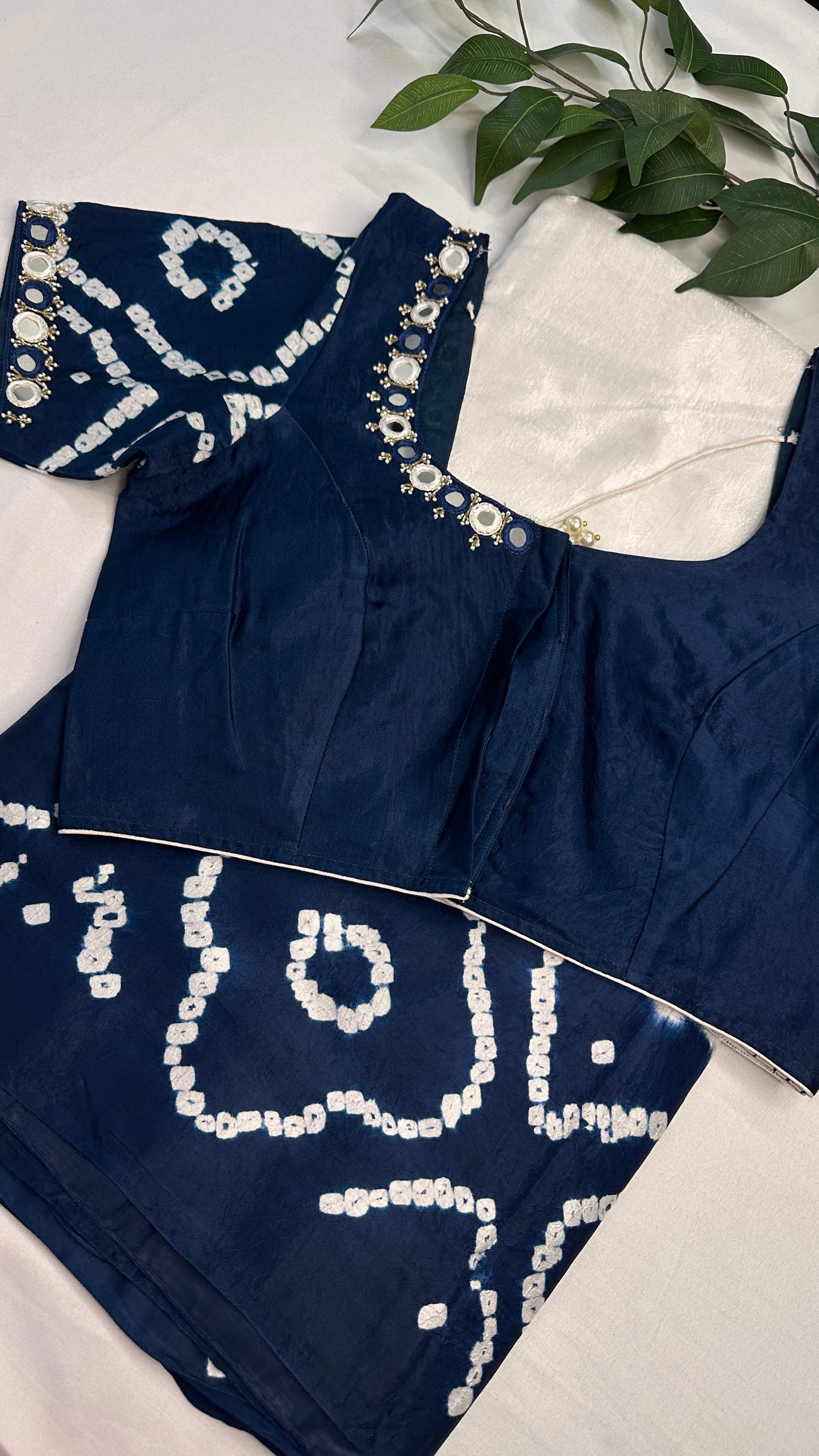Bandhani Bhandej Half and Half White Blue modal Silk Saree - 