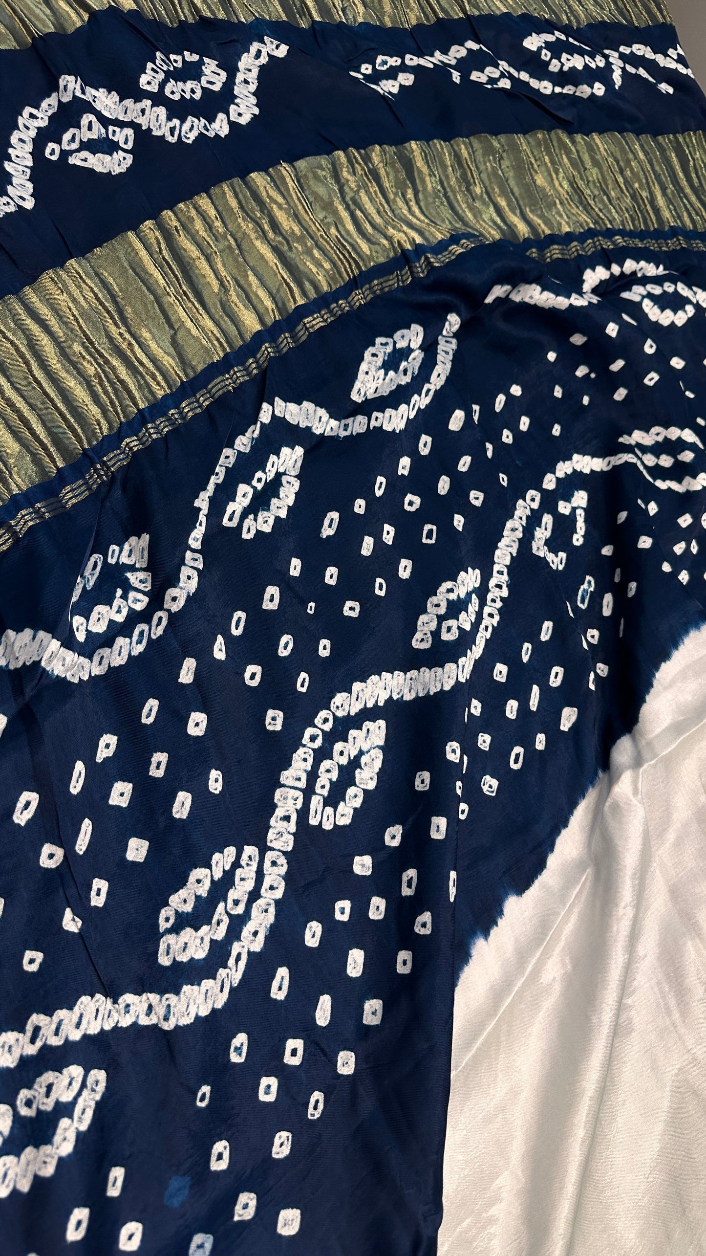 Bandhani Bhandej Half and Half White Blue modal Silk Saree - 