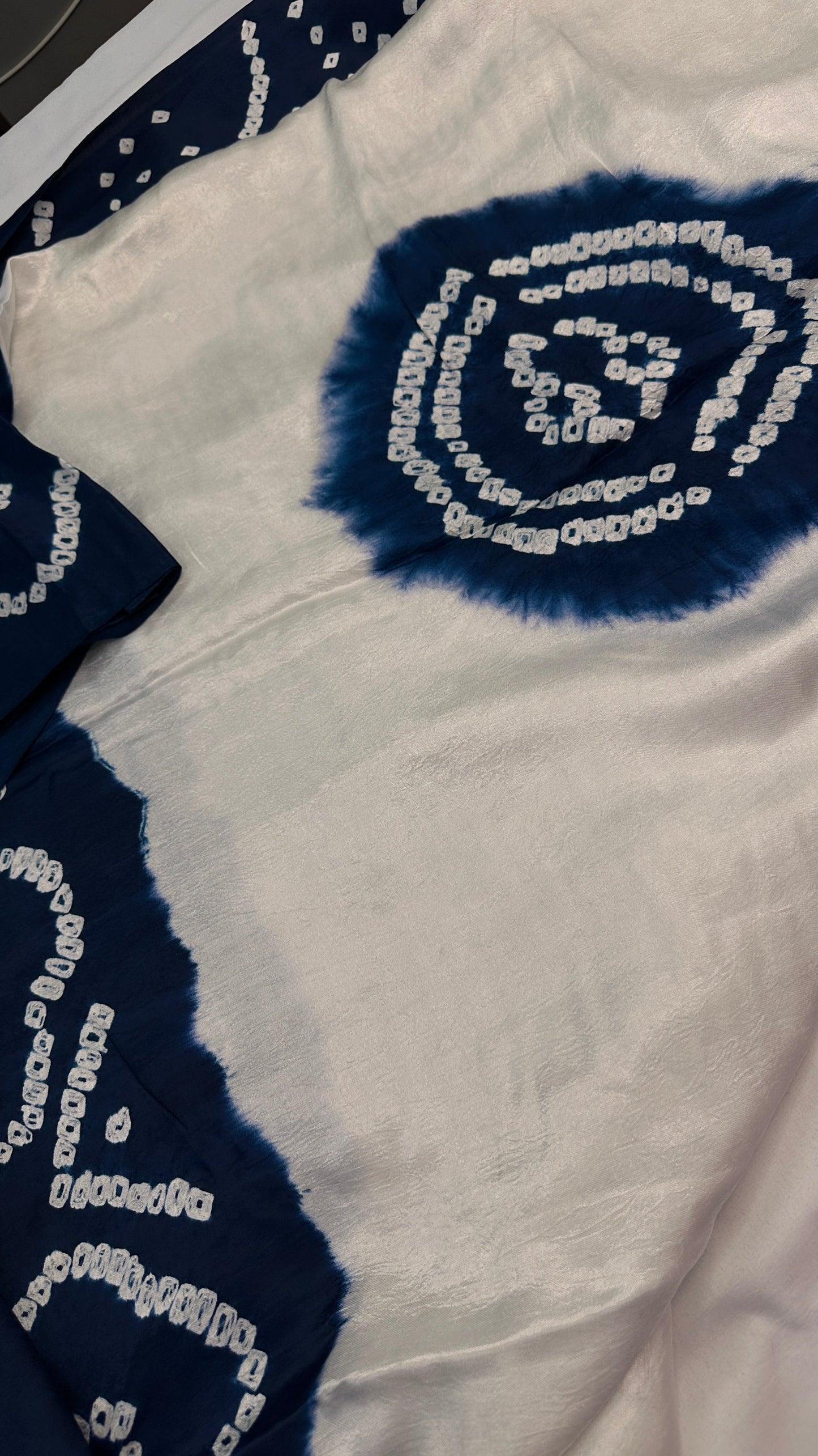 Bandhani Bhandej Half and Half White Blue modal Silk Saree - 