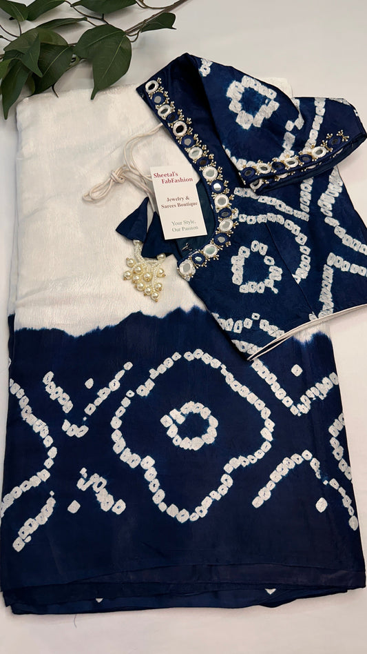 Bandhani Bhandej Half and Half White Blue modal Silk Saree - 