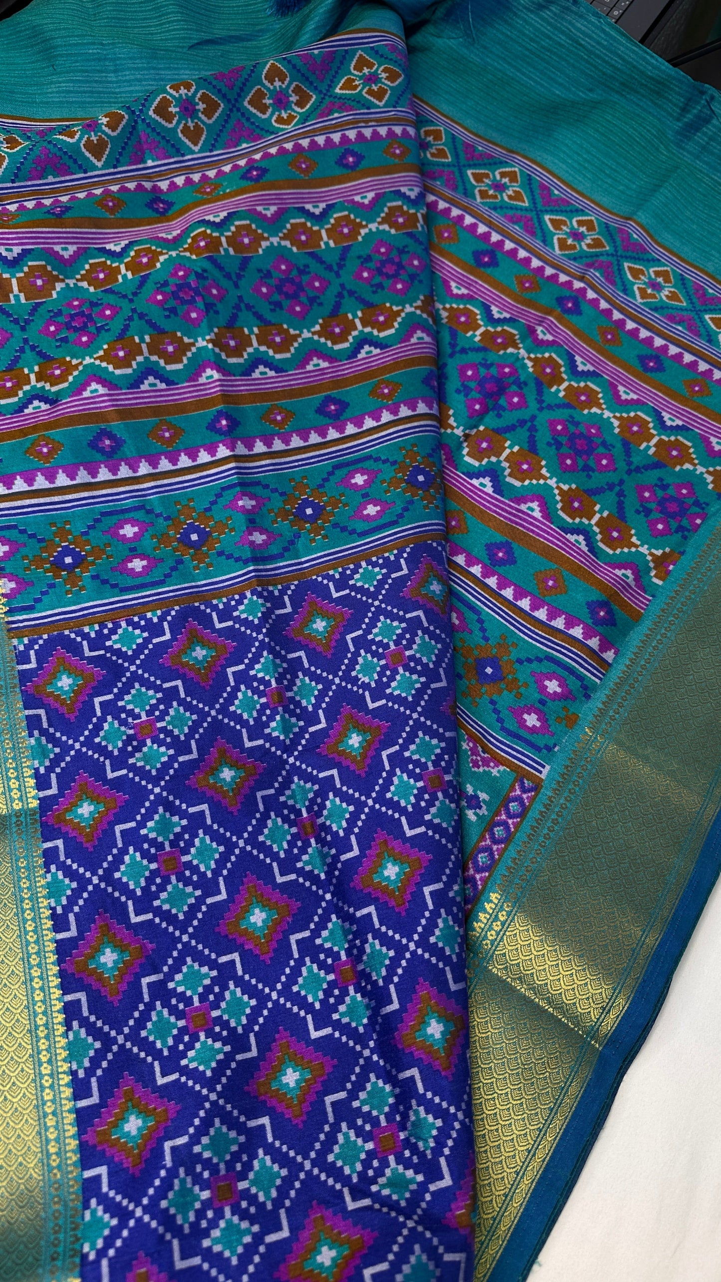 Blue Patola Ikkat Light Weight Silk Saree - 
