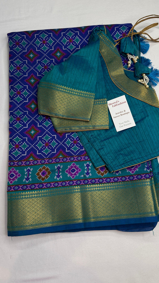 Blue Patola Ikkat Light Weight Silk Saree - 