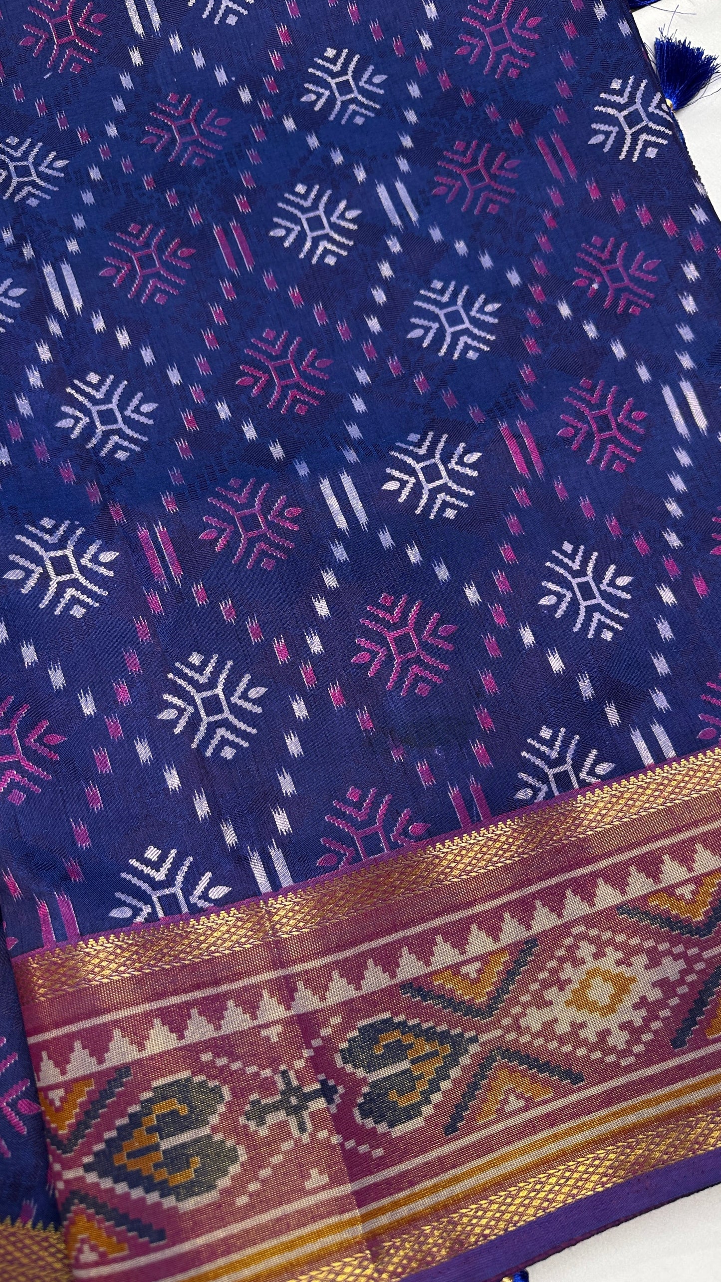 Blue Pink Patola Ikkat Light Weight Silk Saree - 