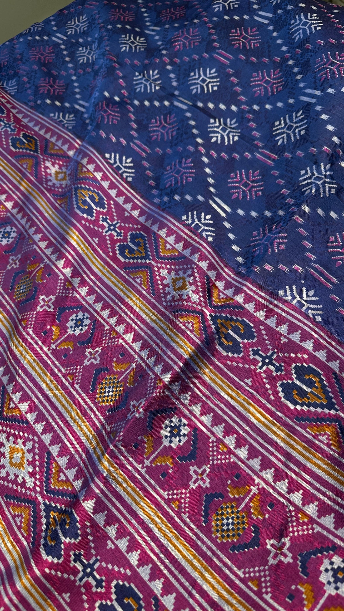 Blue Pink Patola Ikkat Light Weight Silk Saree - 