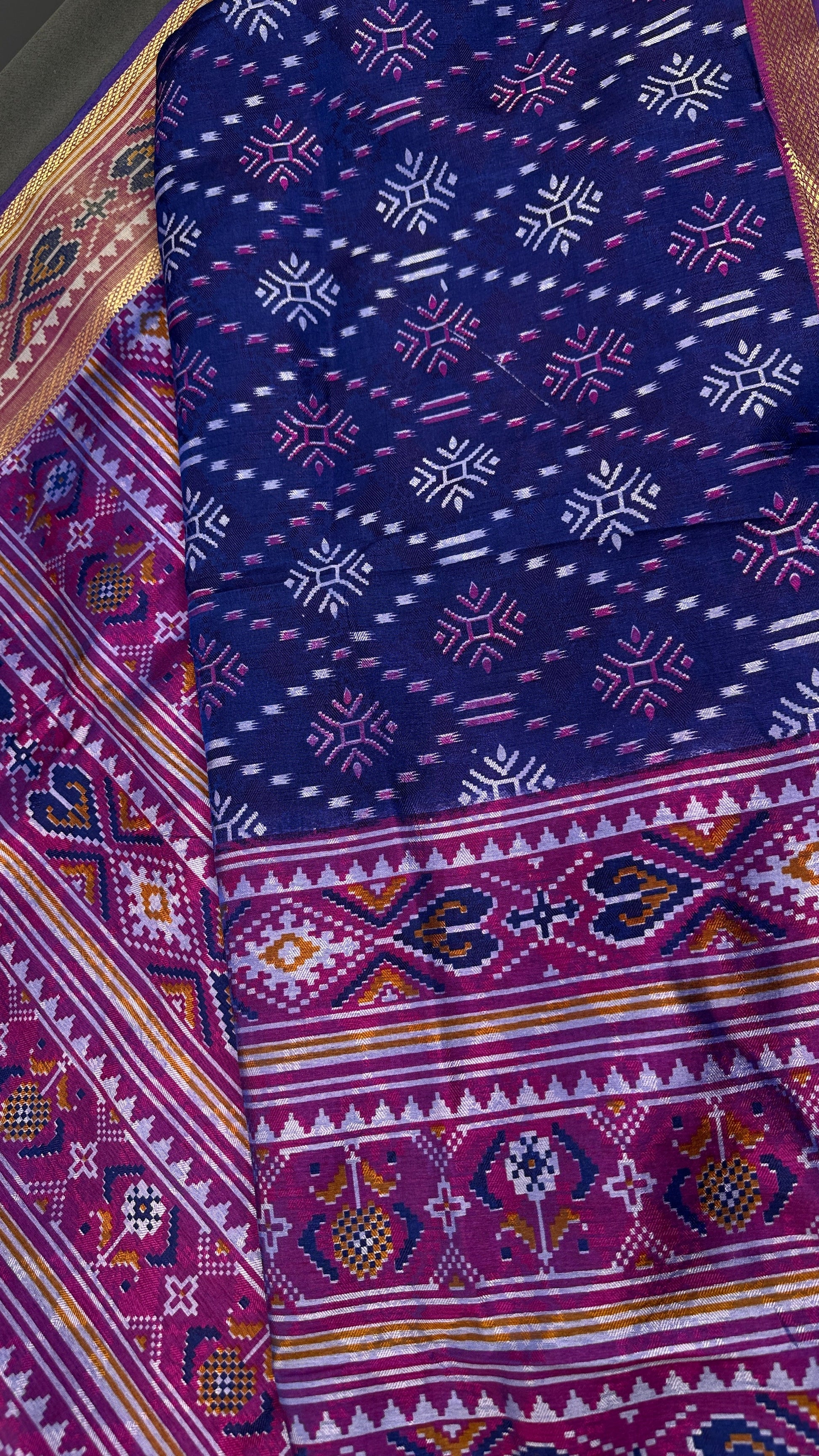 Blue Pink Patola Ikkat Light Weight Silk Saree - 