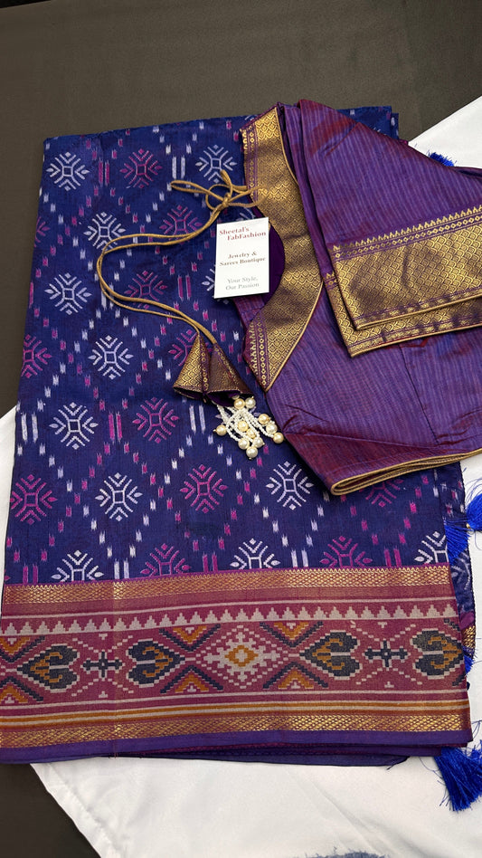 Blue Pink Patola Ikkat Light Weight Silk Saree - 