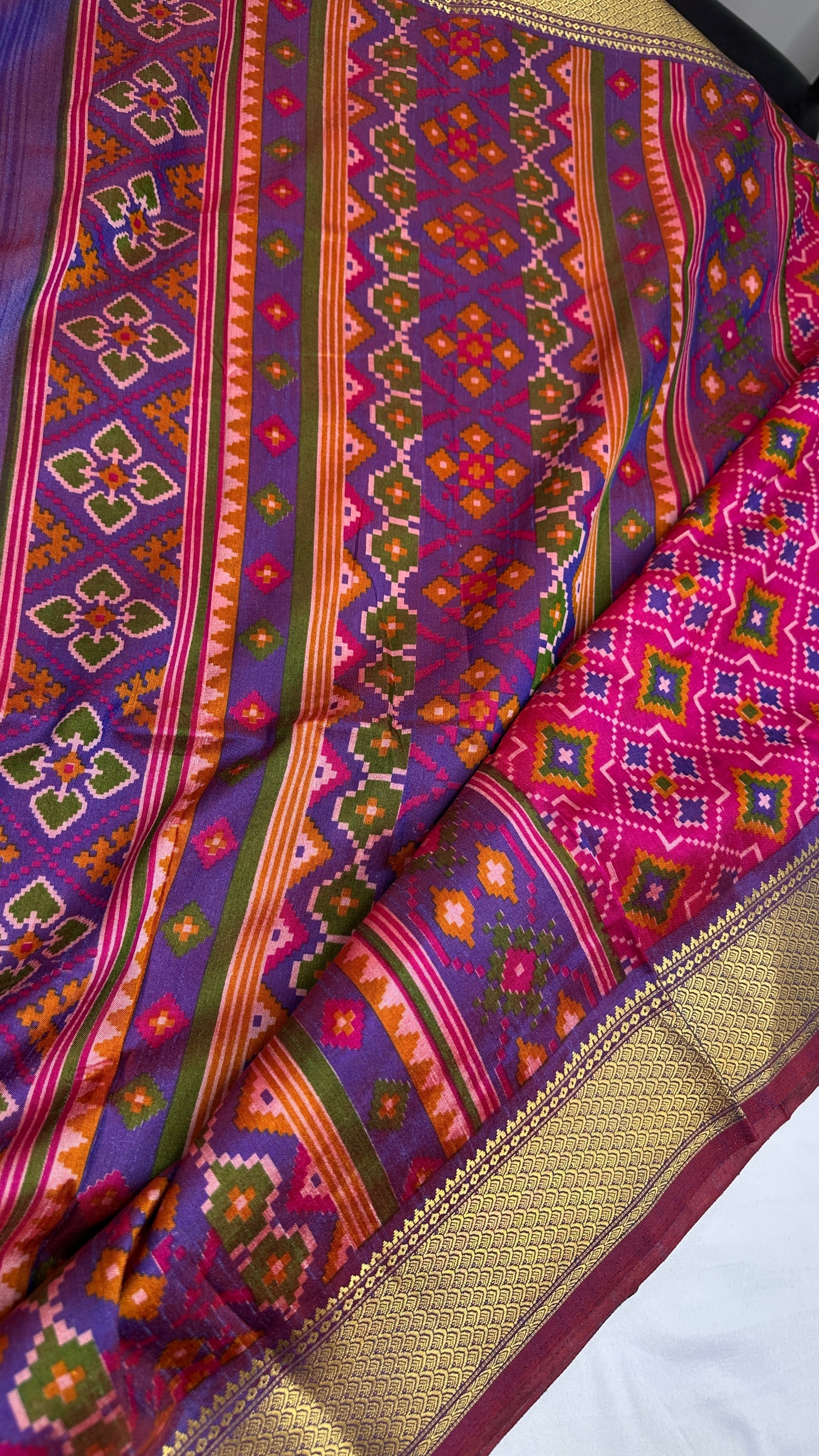 Pink Purple Patola Ikkat Light Weight Silk Saree - 
