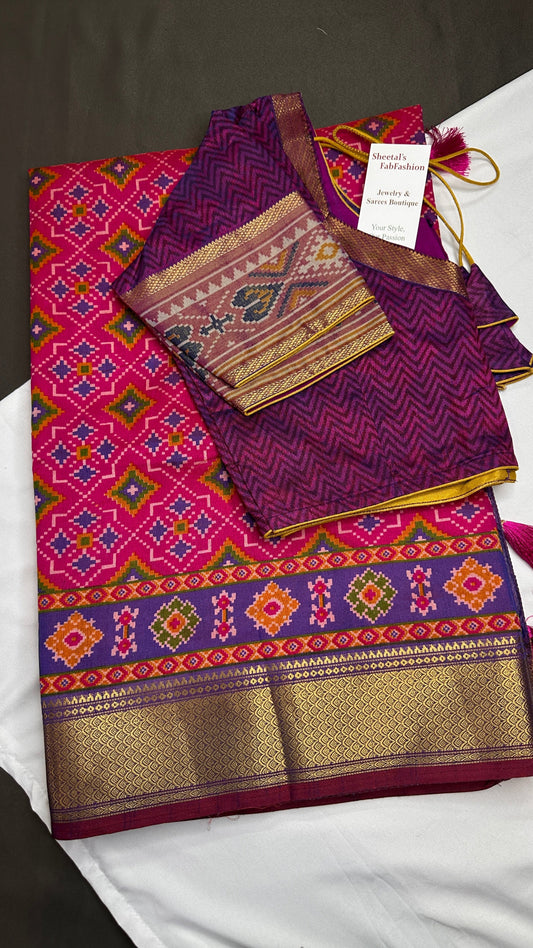 Pink Purple Patola Ikkat Light Weight Silk Saree - 