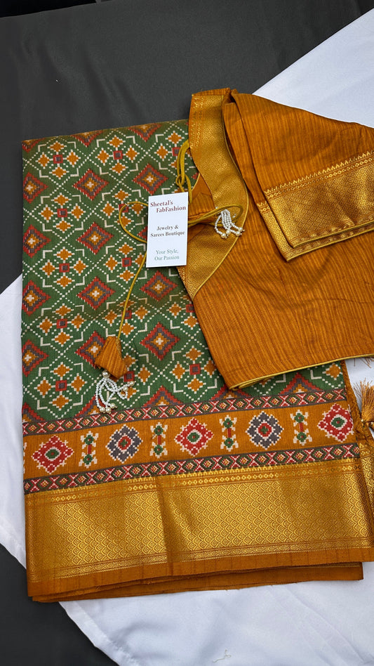 Green Patola Ikkat Light Weight Silk Saree - 
