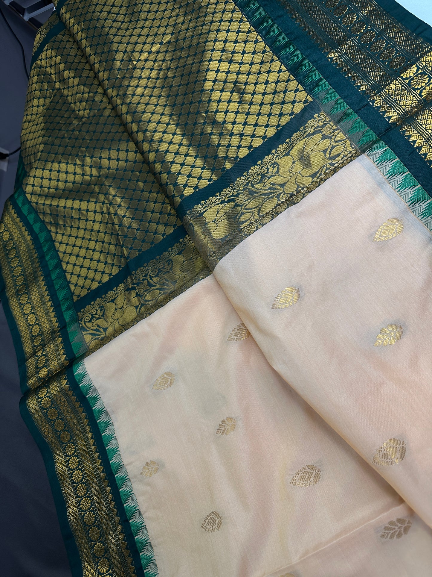 Gadwal Semi Silk Cream Green Small Border Saree - 