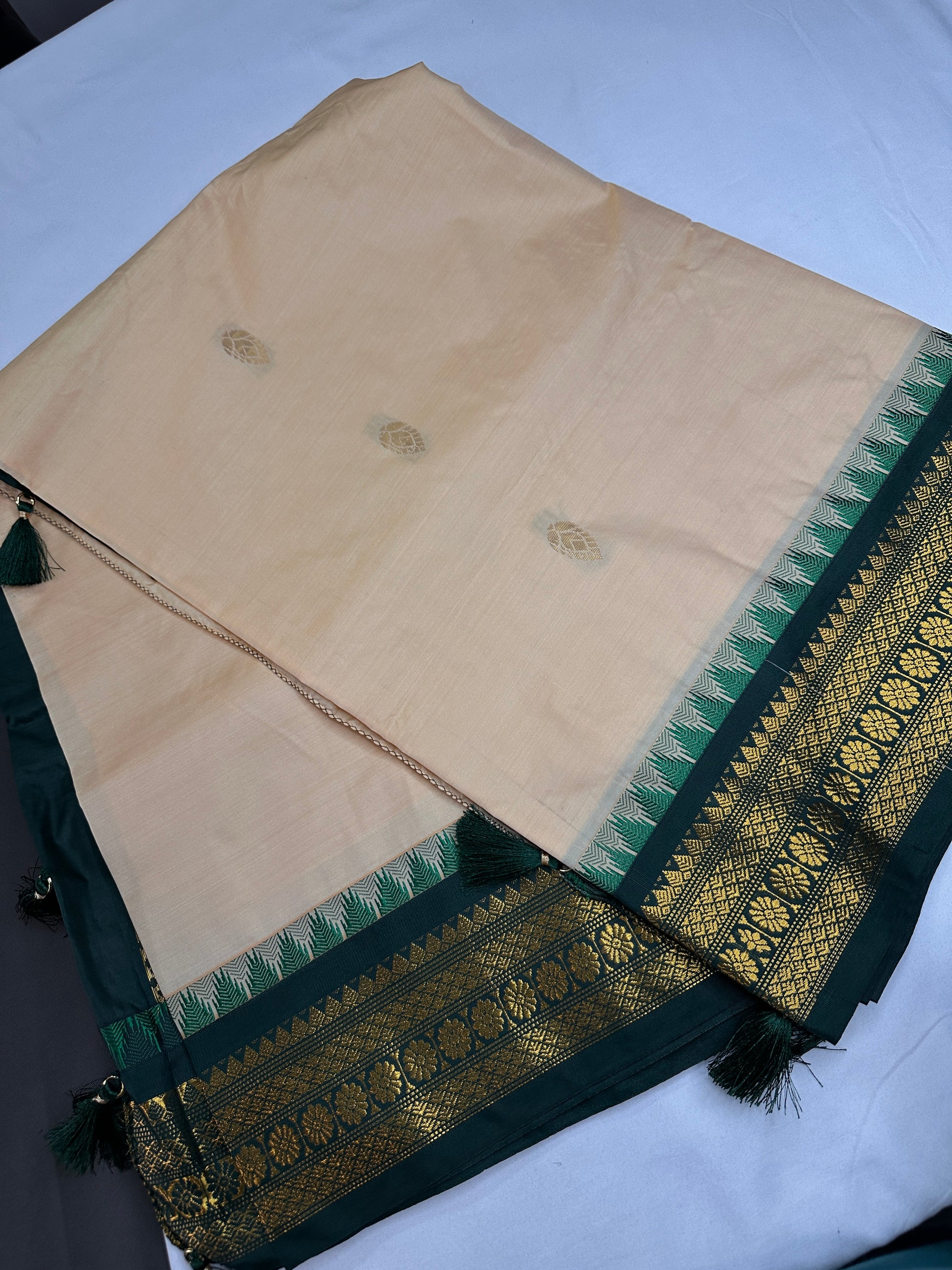 Gadwal Semi Silk Cream Green Small Border Saree - 