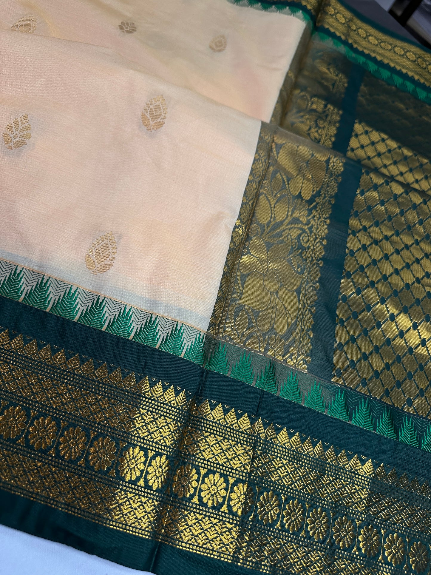 Gadwal Semi Silk Cream Green Small Border Saree - 