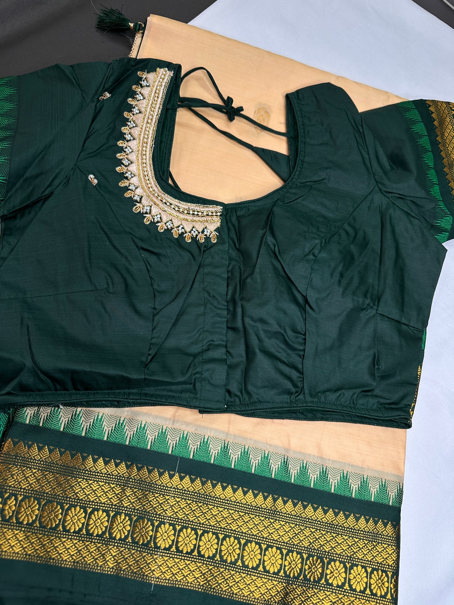 Gadwal Semi Silk Cream Green Small Border Saree - 