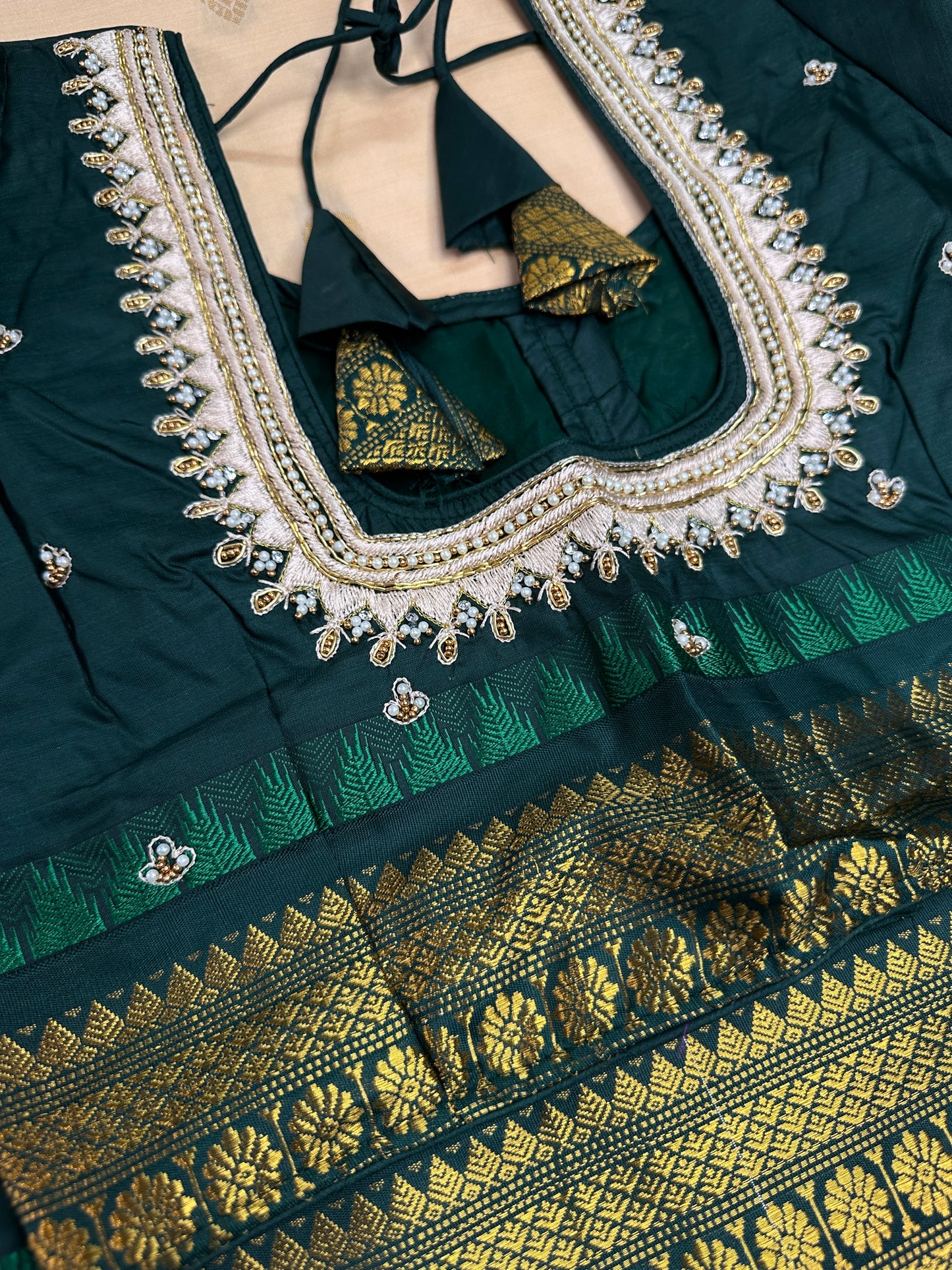 Gadwal Semi Silk Cream Green Small Border Saree - 