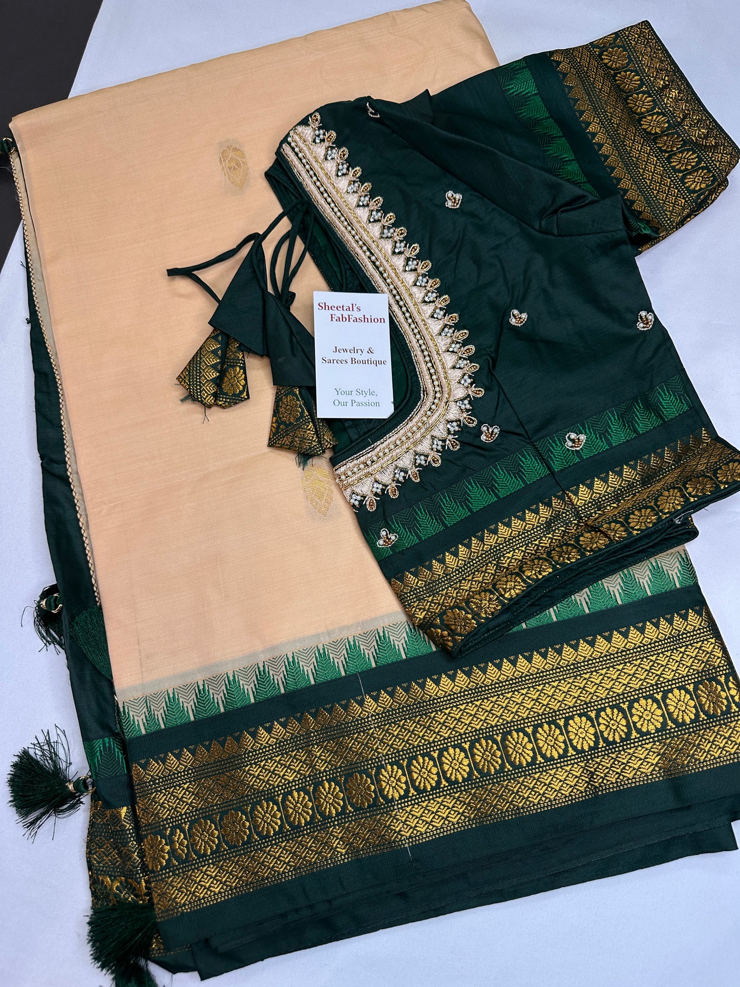 Gadwal Semi Silk Cream Green Small Border Saree - 